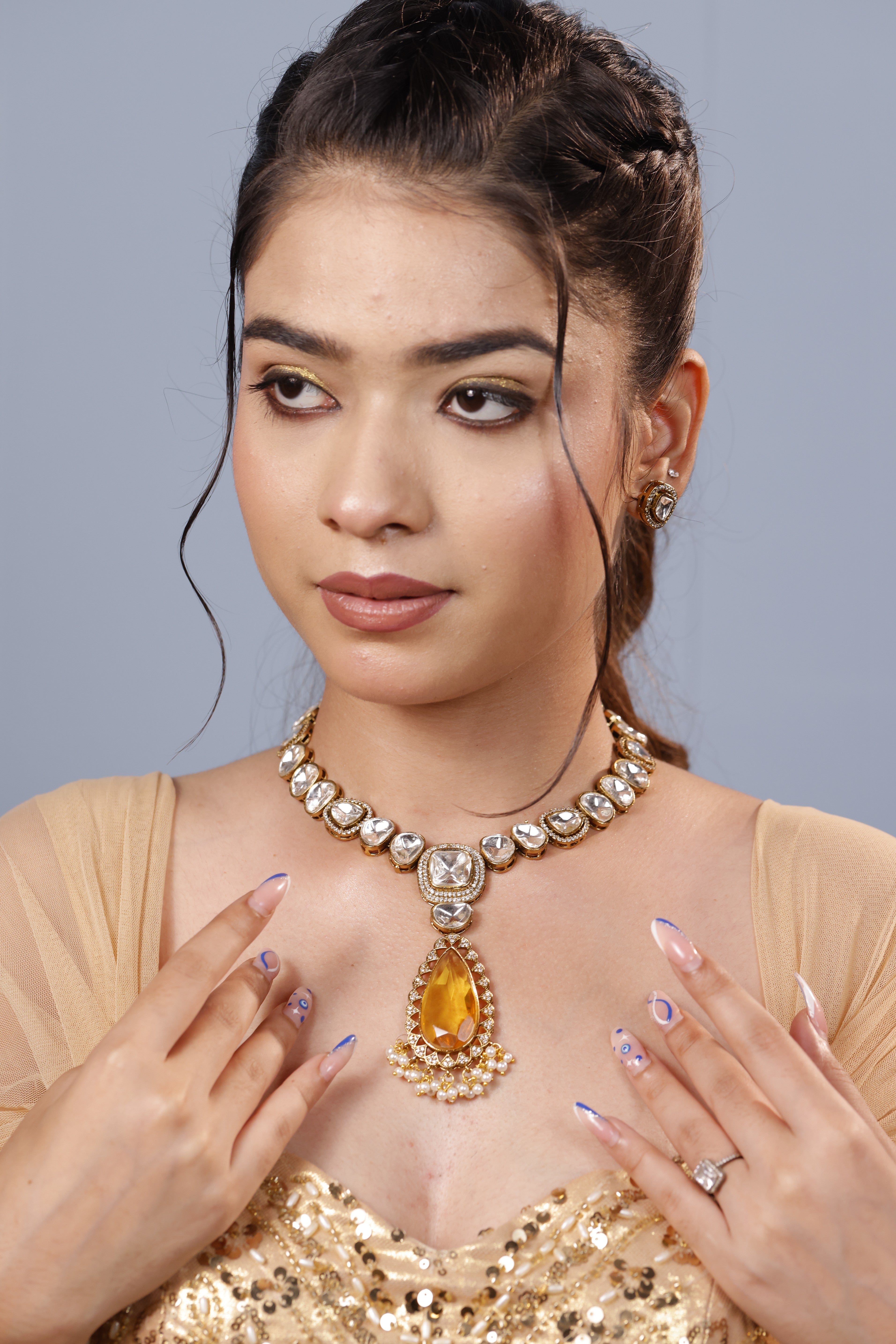 Elegant Kundan Necklace with Amber Drop Pendant