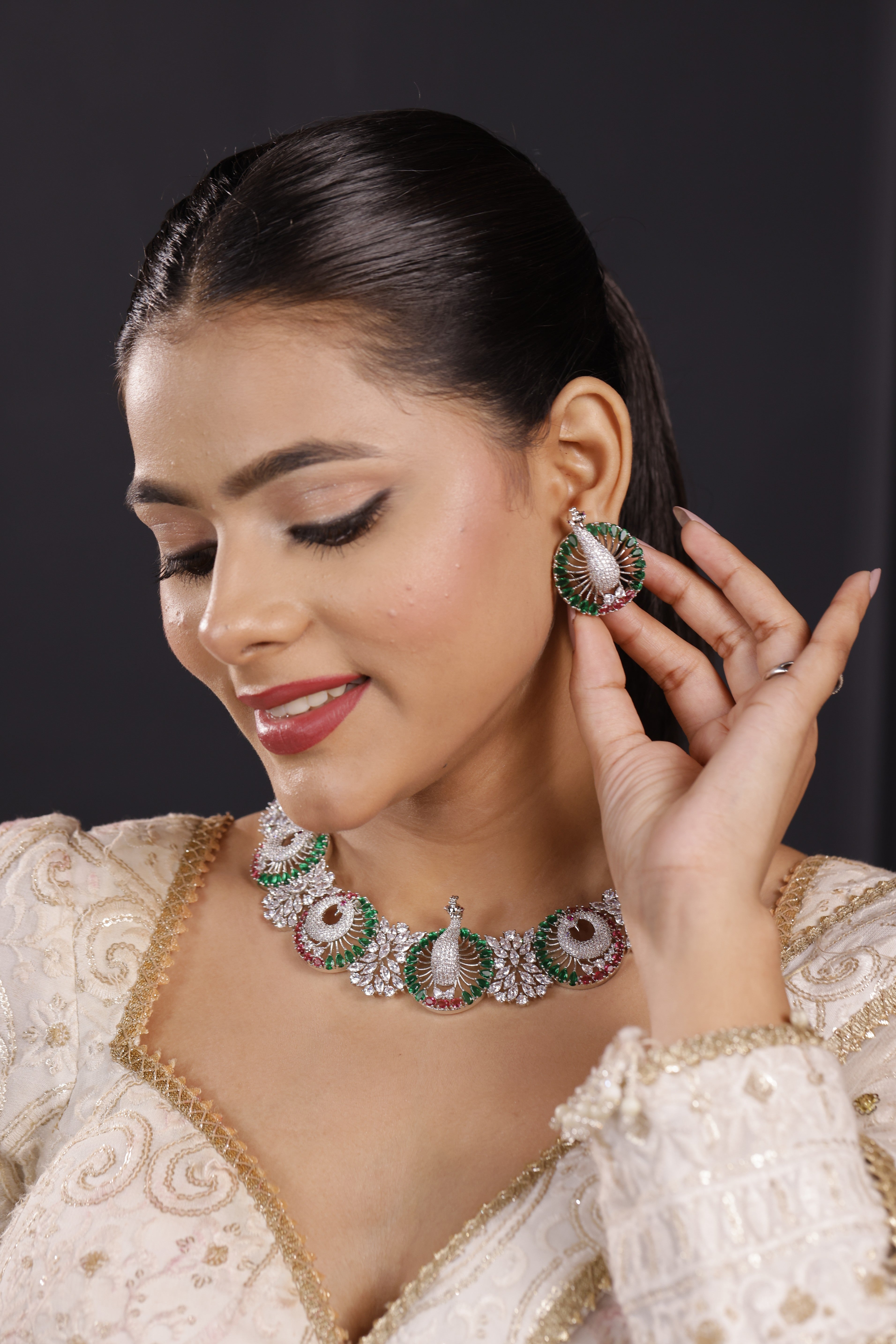 Premium American Diamond Peacock Necklace Set