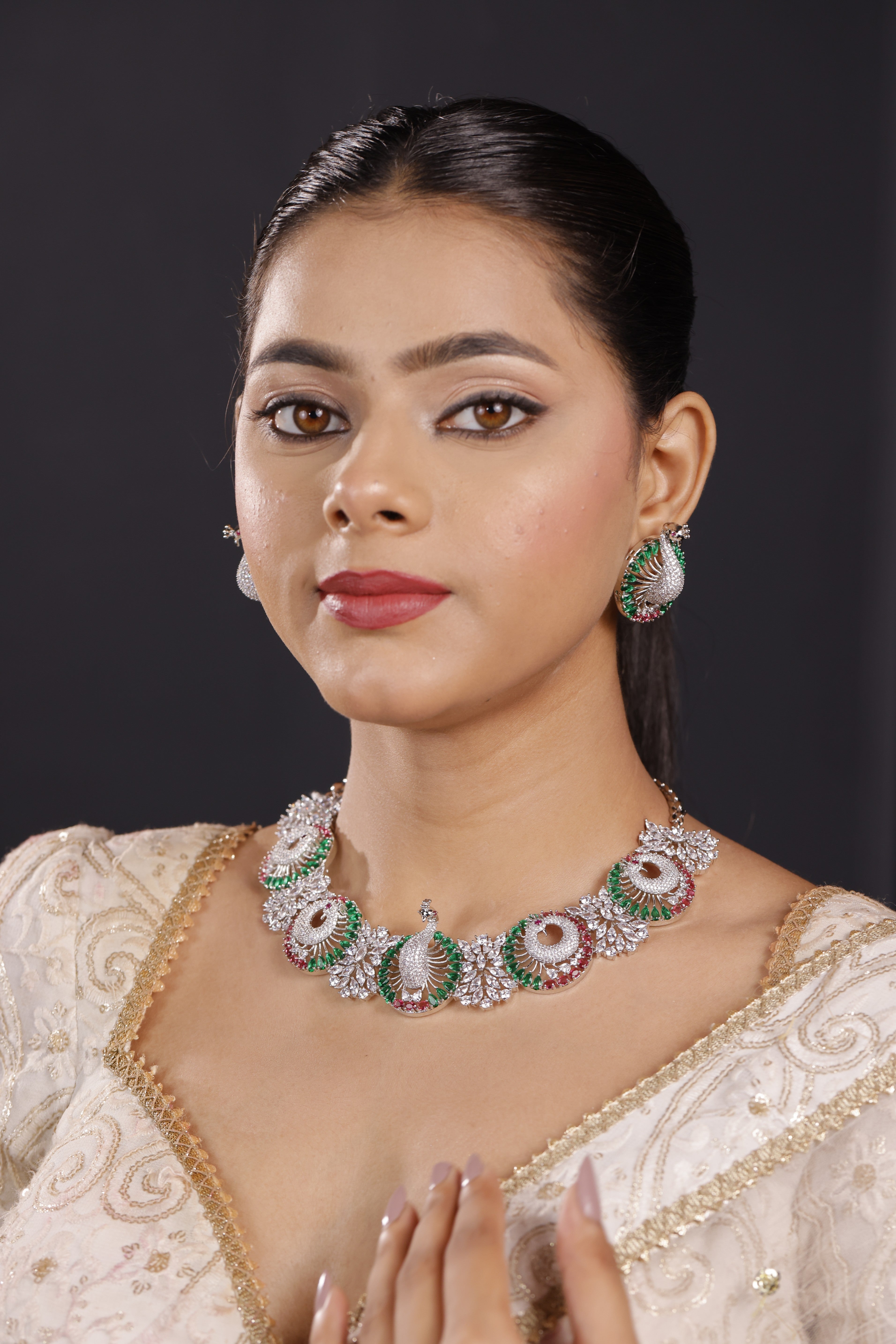 Premium American Diamond Peacock Necklace Set
