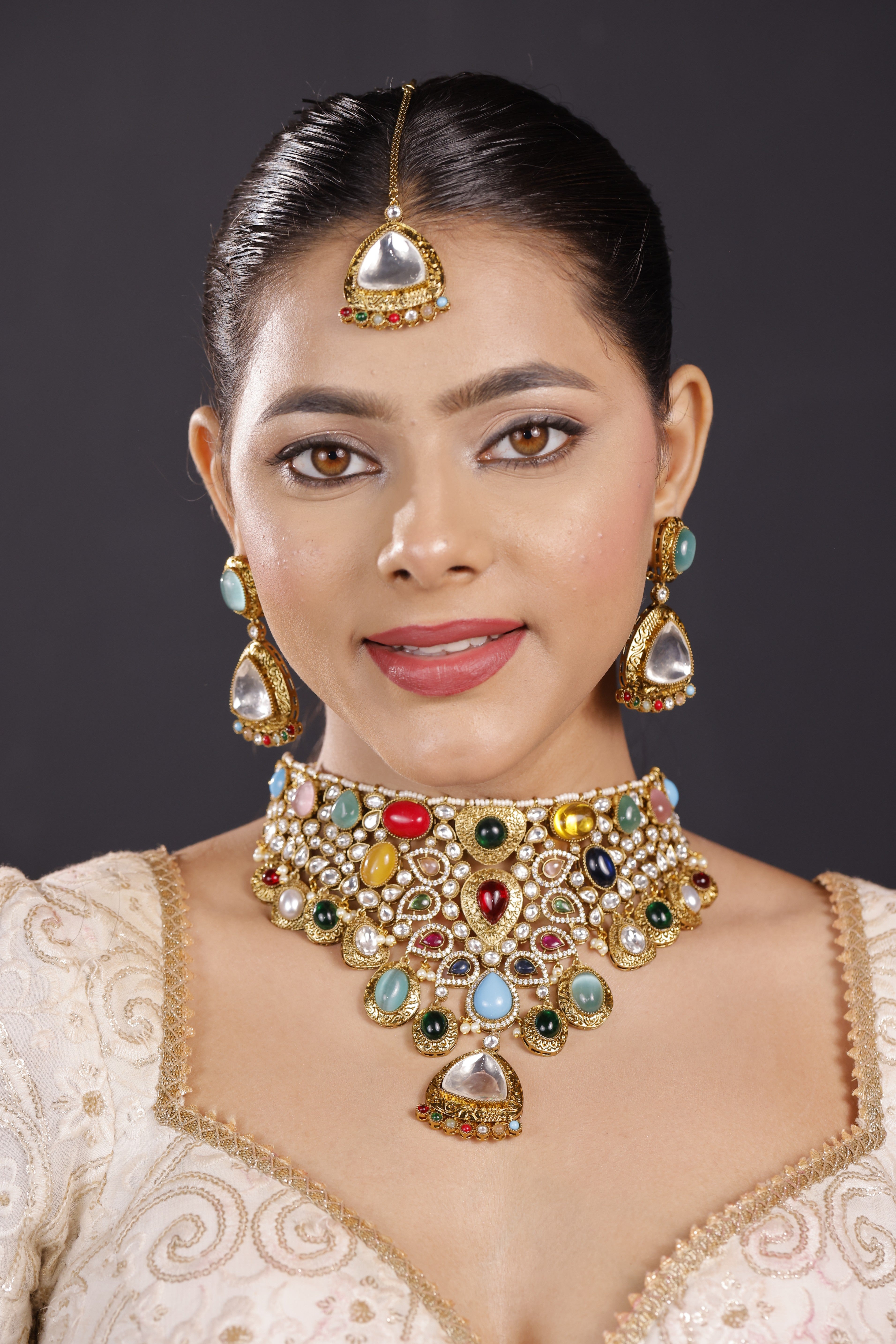 Premimum Fusion Multicolor Real Uncut Polki Moissanite Necklace Set