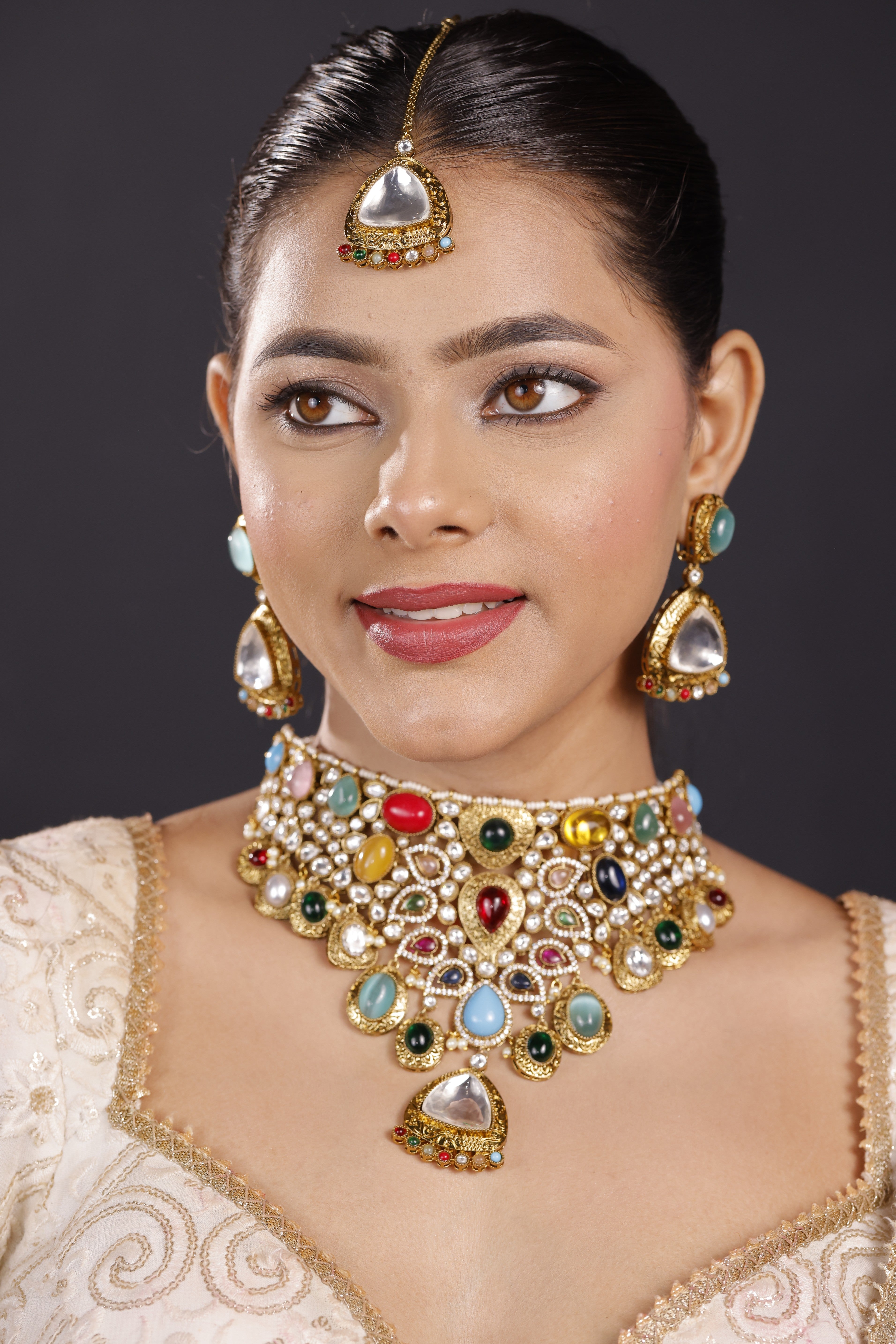 Premimum Fusion Multicolor Real Uncut Polki Moissanite Necklace Set