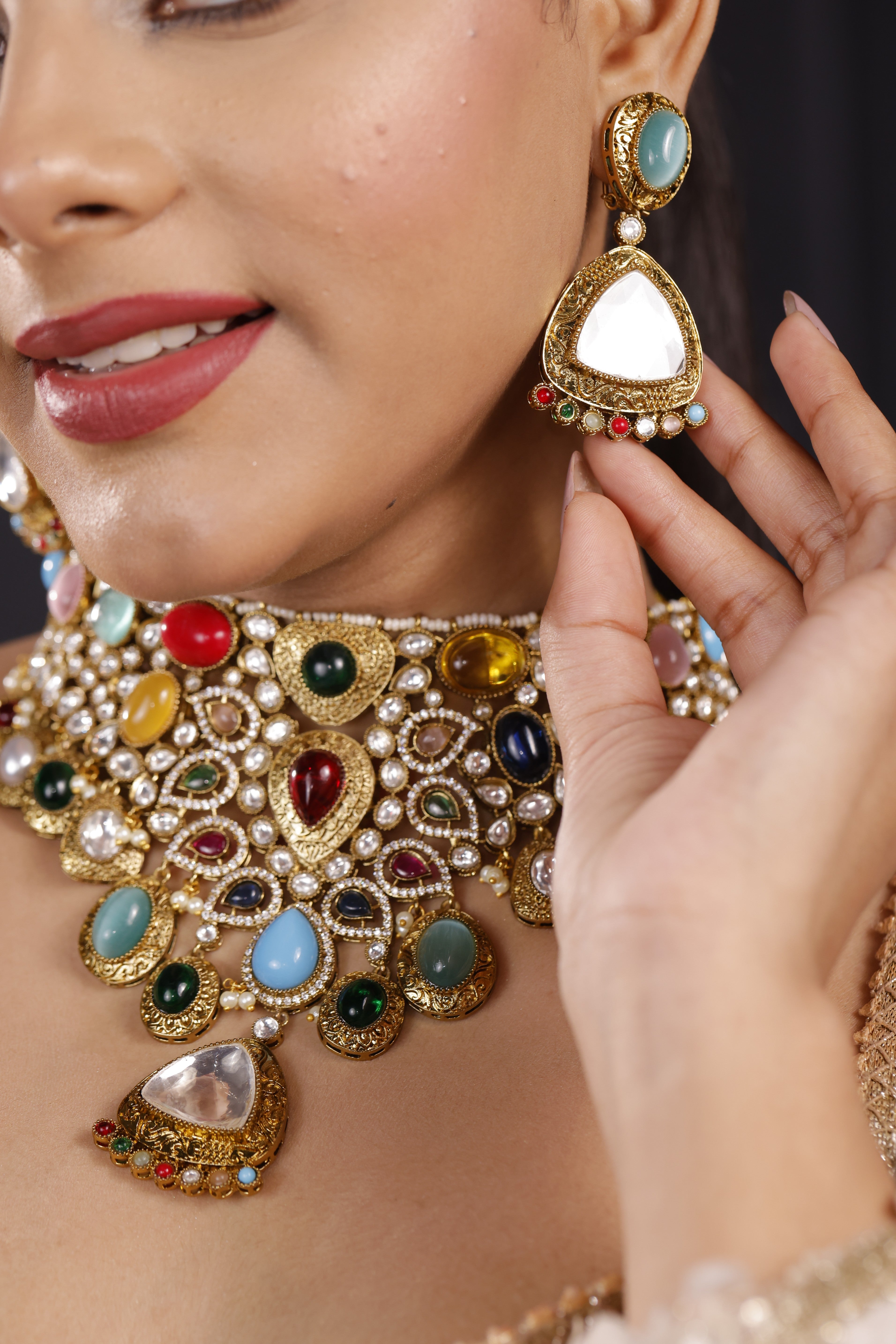 Premimum Fusion Multicolor Real Uncut Polki Moissanite Necklace Set