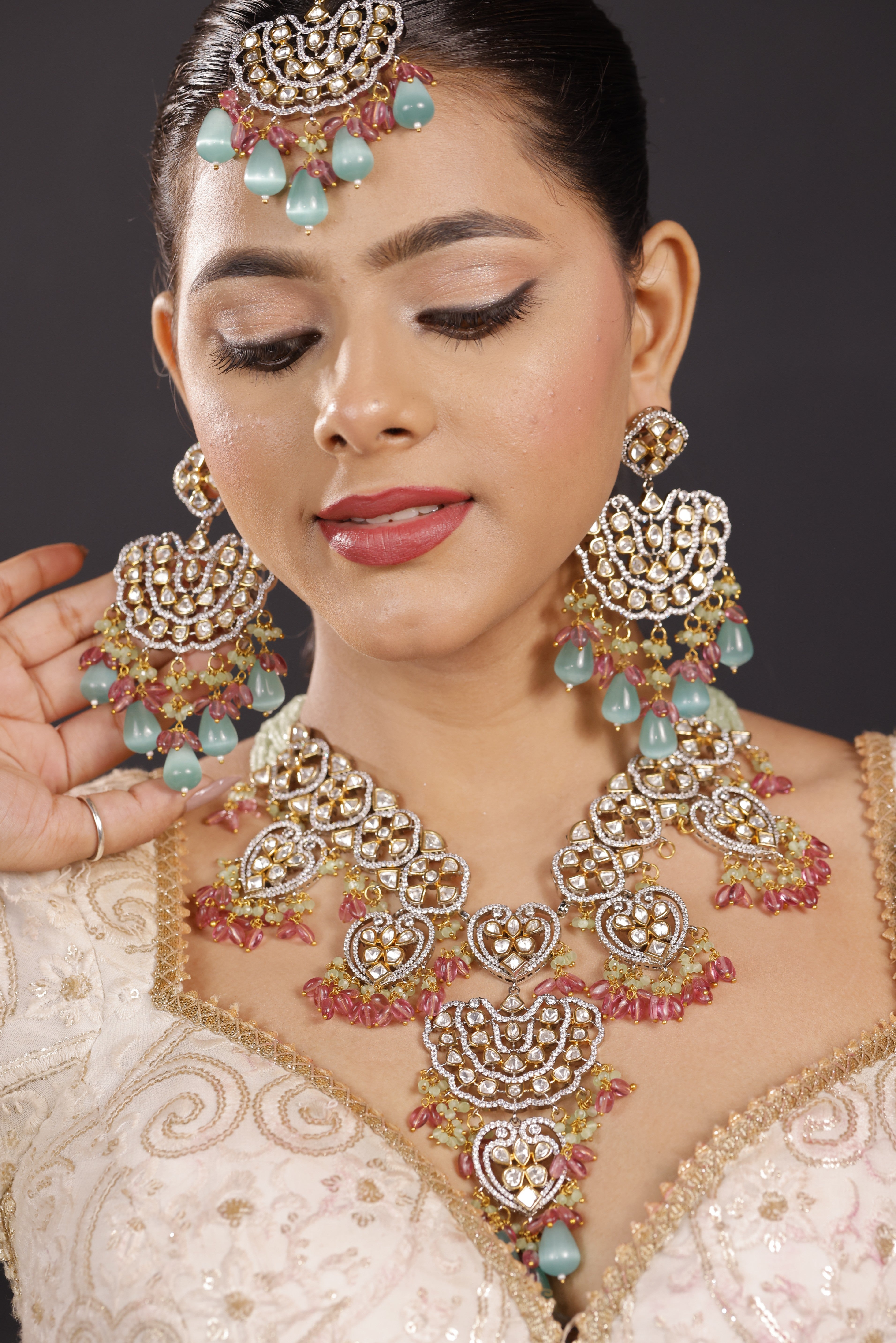 Premimum Real Uncut Polki With Fine Beads Semi Bridal Set