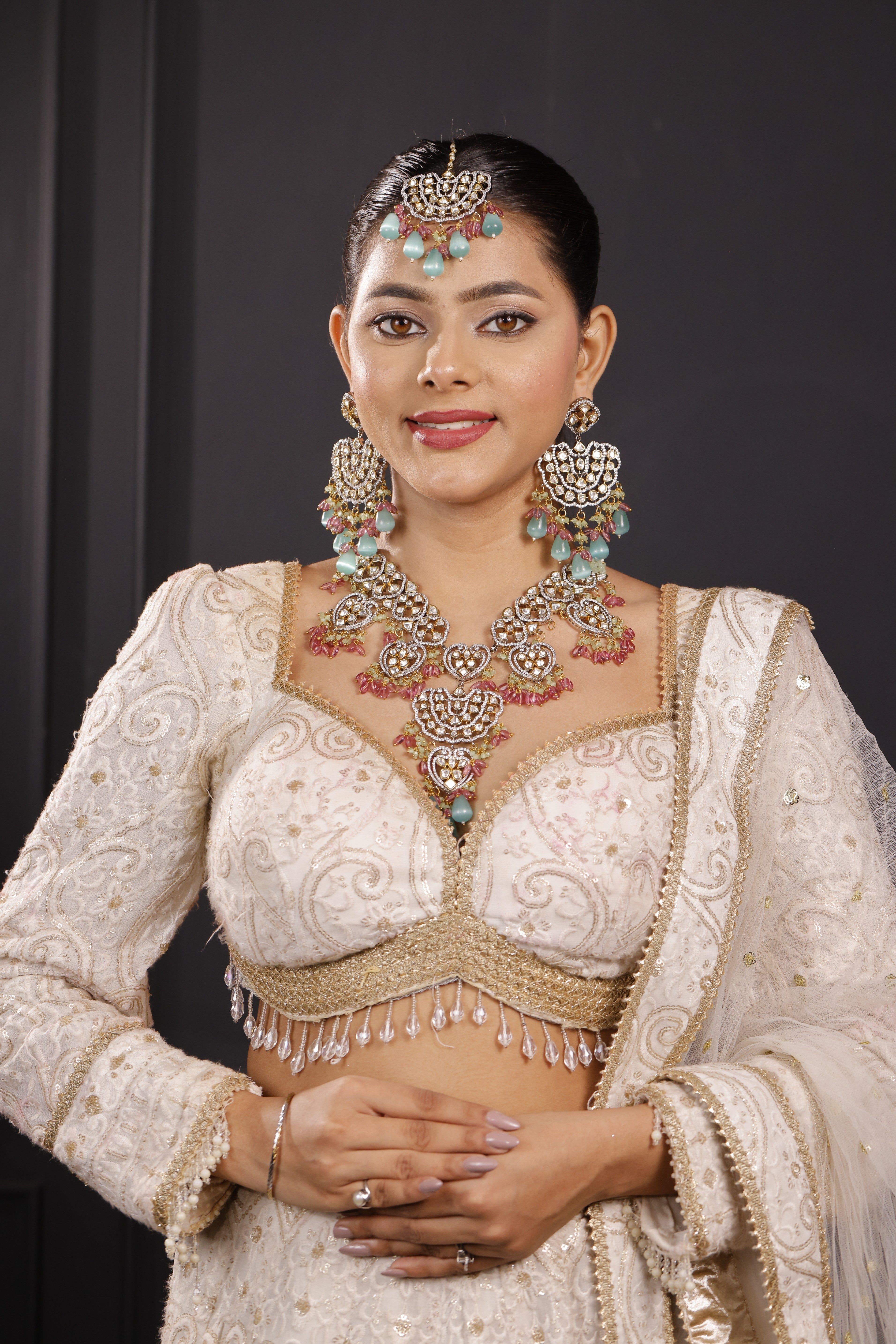 Premimum Real Uncut Polki With Fine Beads Semi Bridal Set