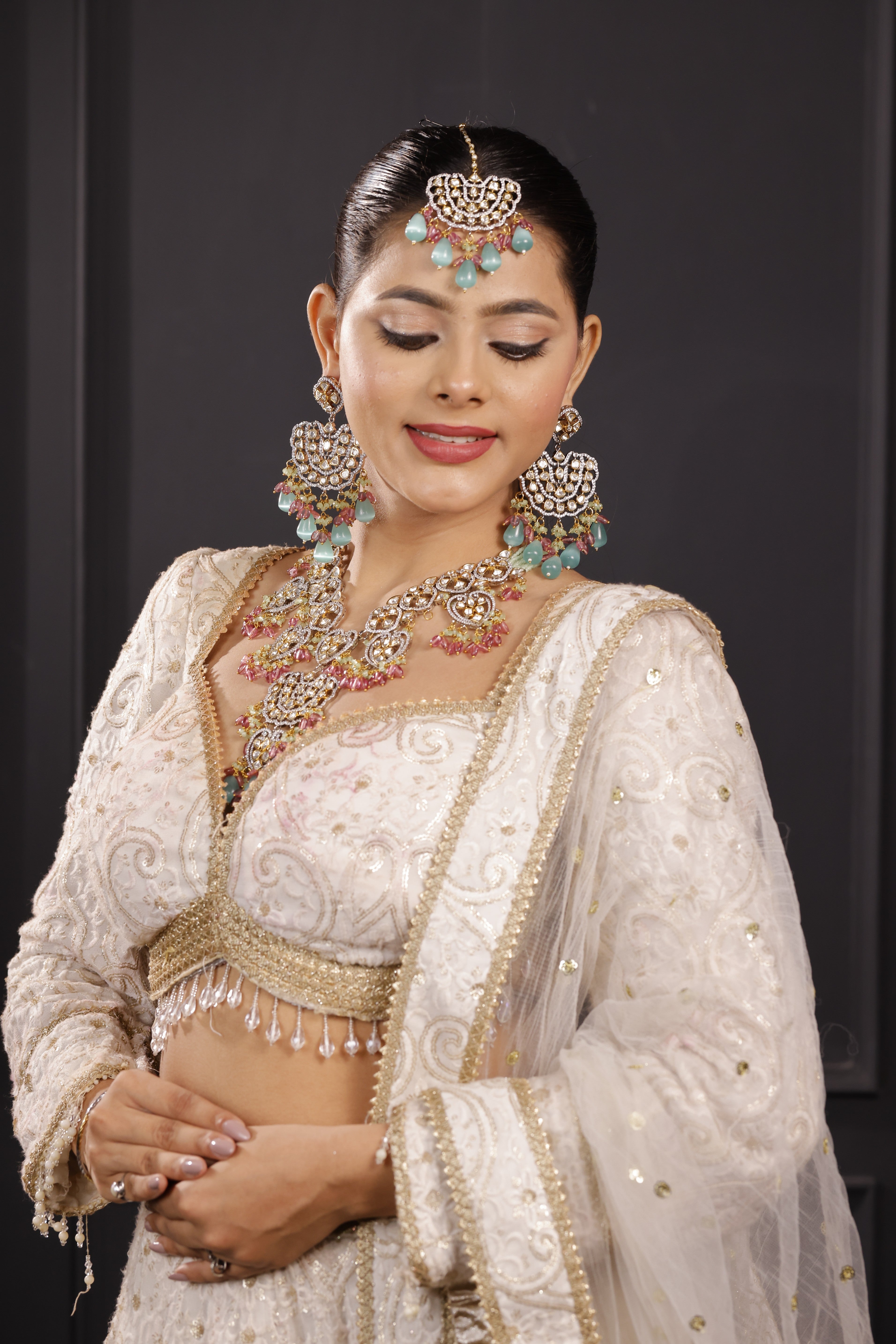 Premimum Real Uncut Polki With Fine Beads Semi Bridal Set