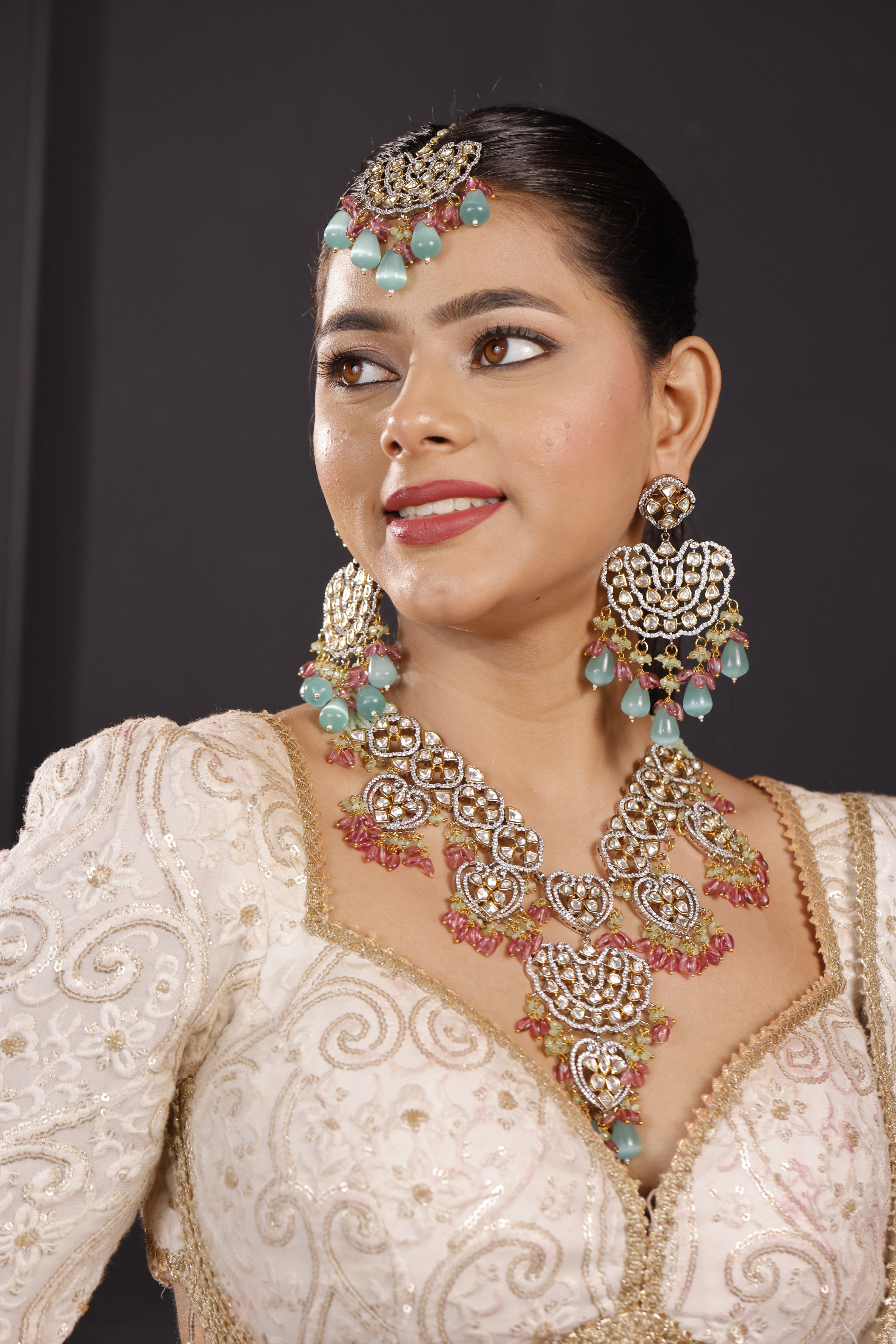 Premimum Real Uncut Polki With Fine Beads Semi Bridal Set