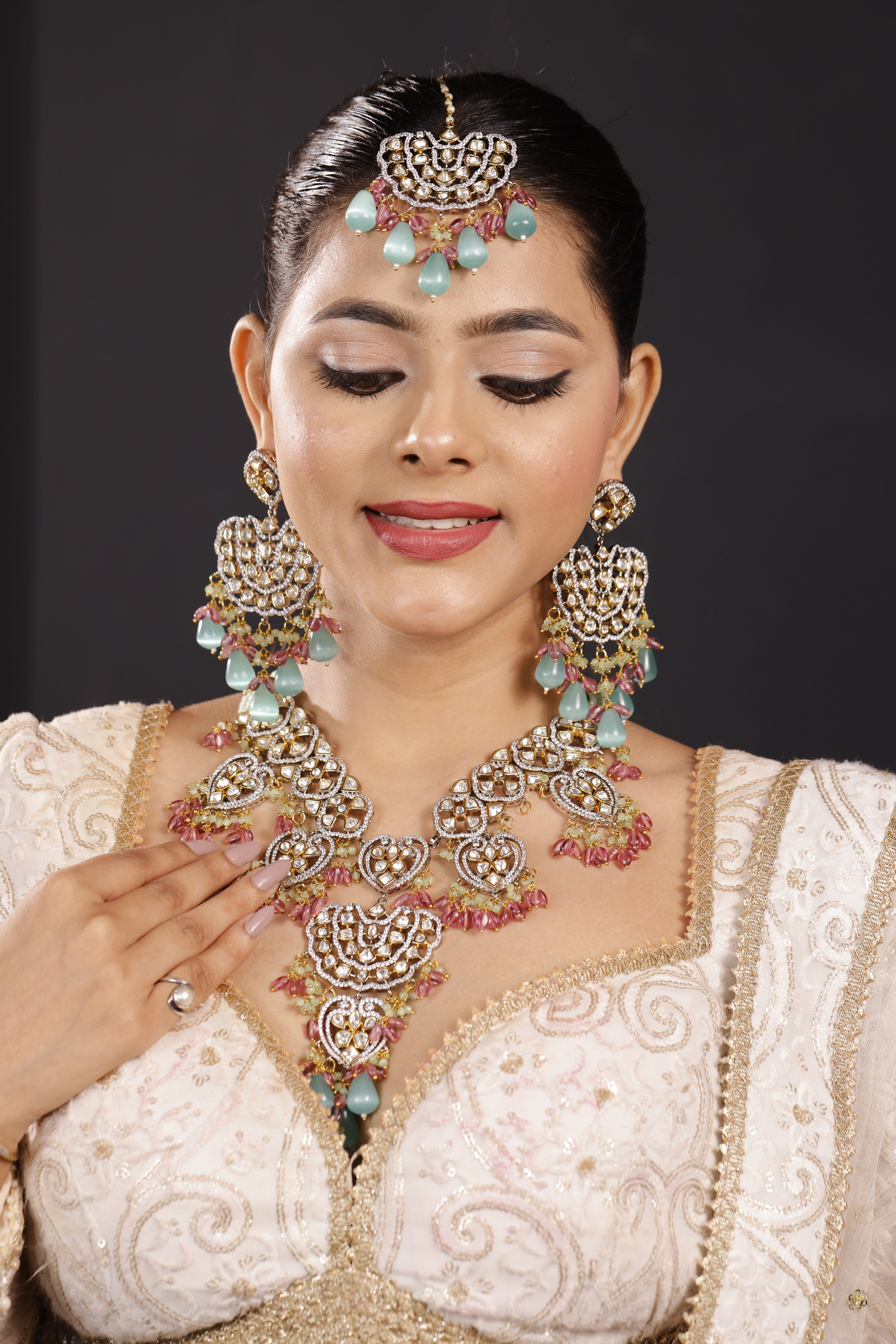 Premimum Real Uncut Polki With Fine Beads Semi Bridal Set