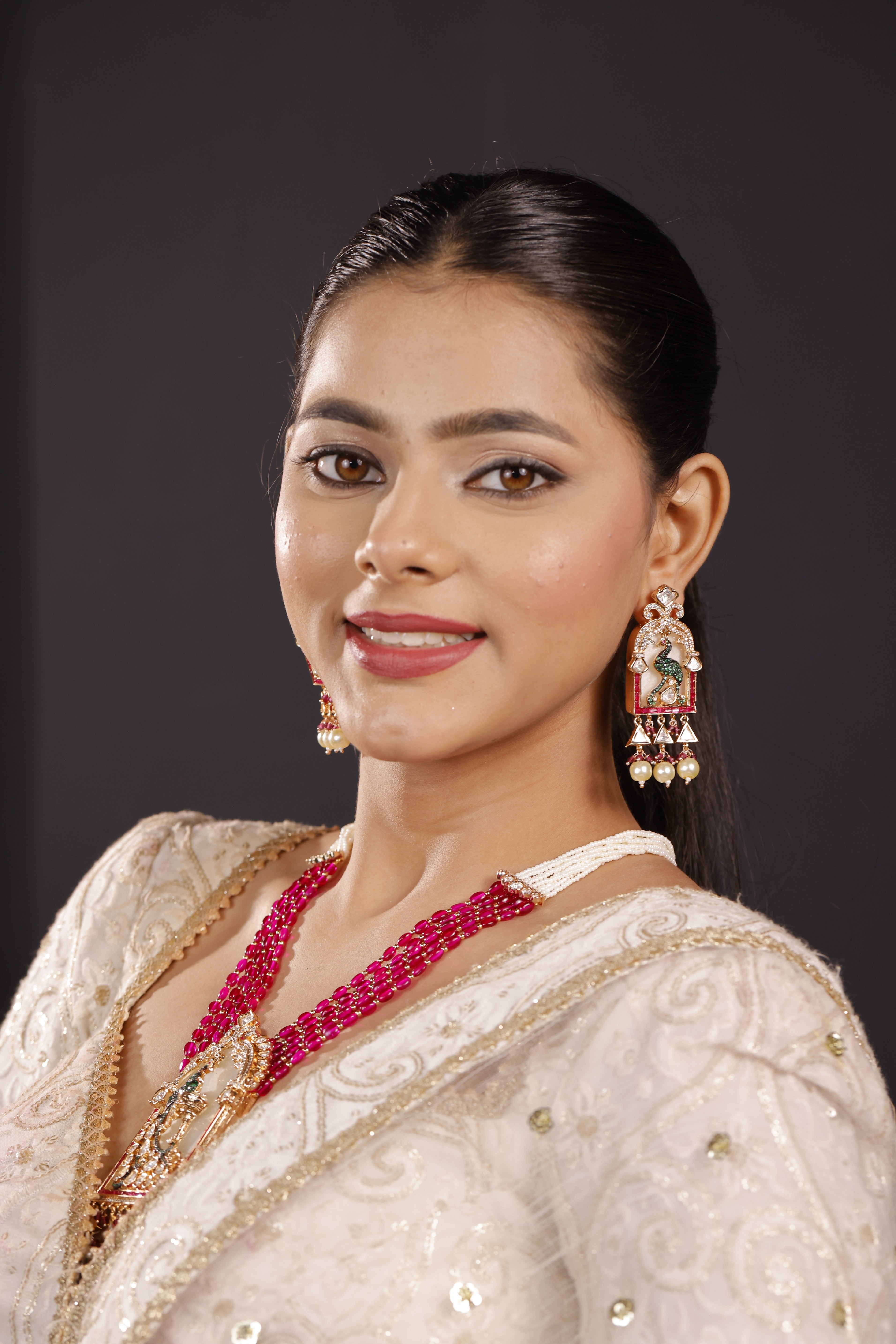 Premimum Real Uncut Polki Ruby Beaded Peacock Necklace Set