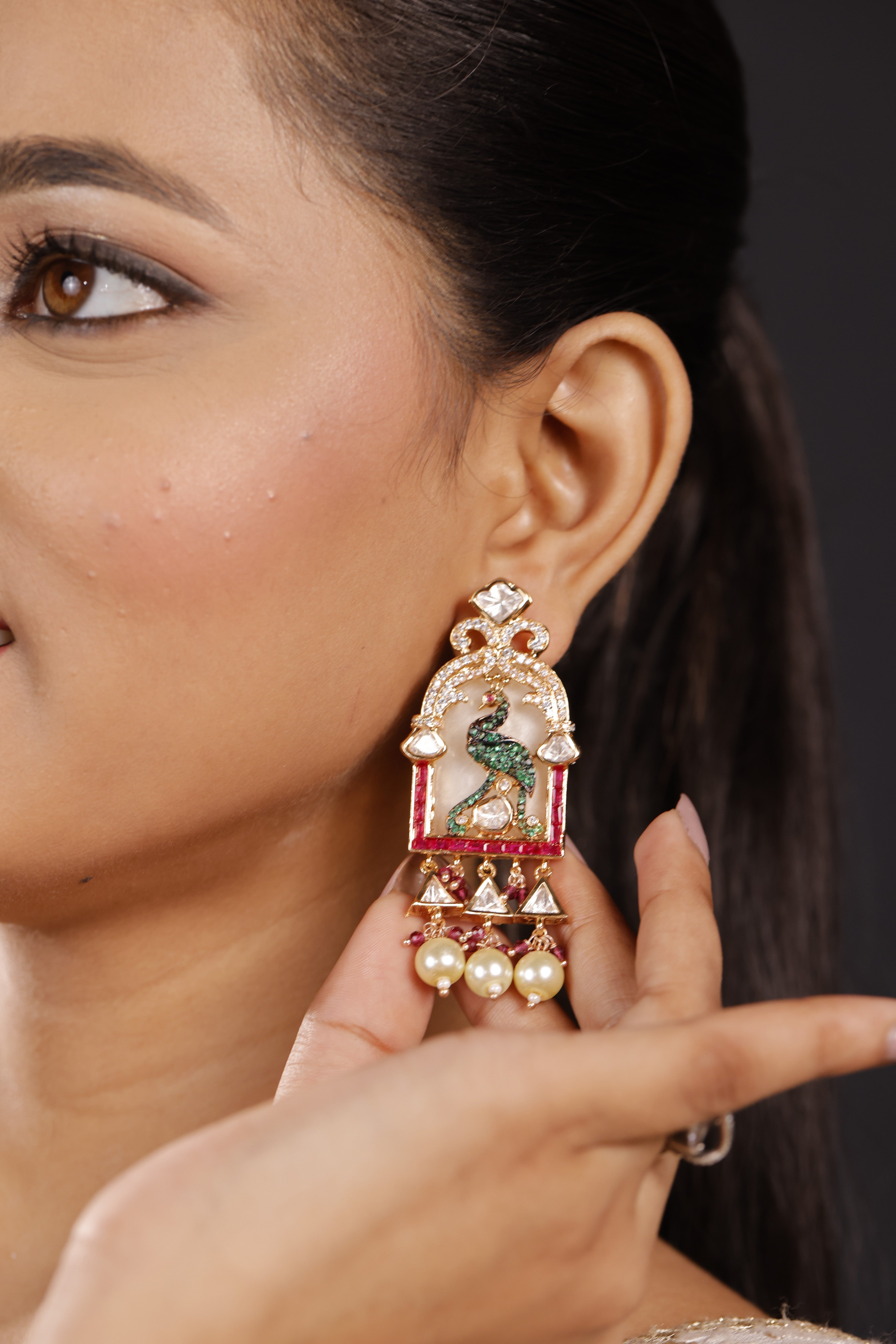 Premimum Real Uncut Polki Ruby Beaded Peacock Necklace Set