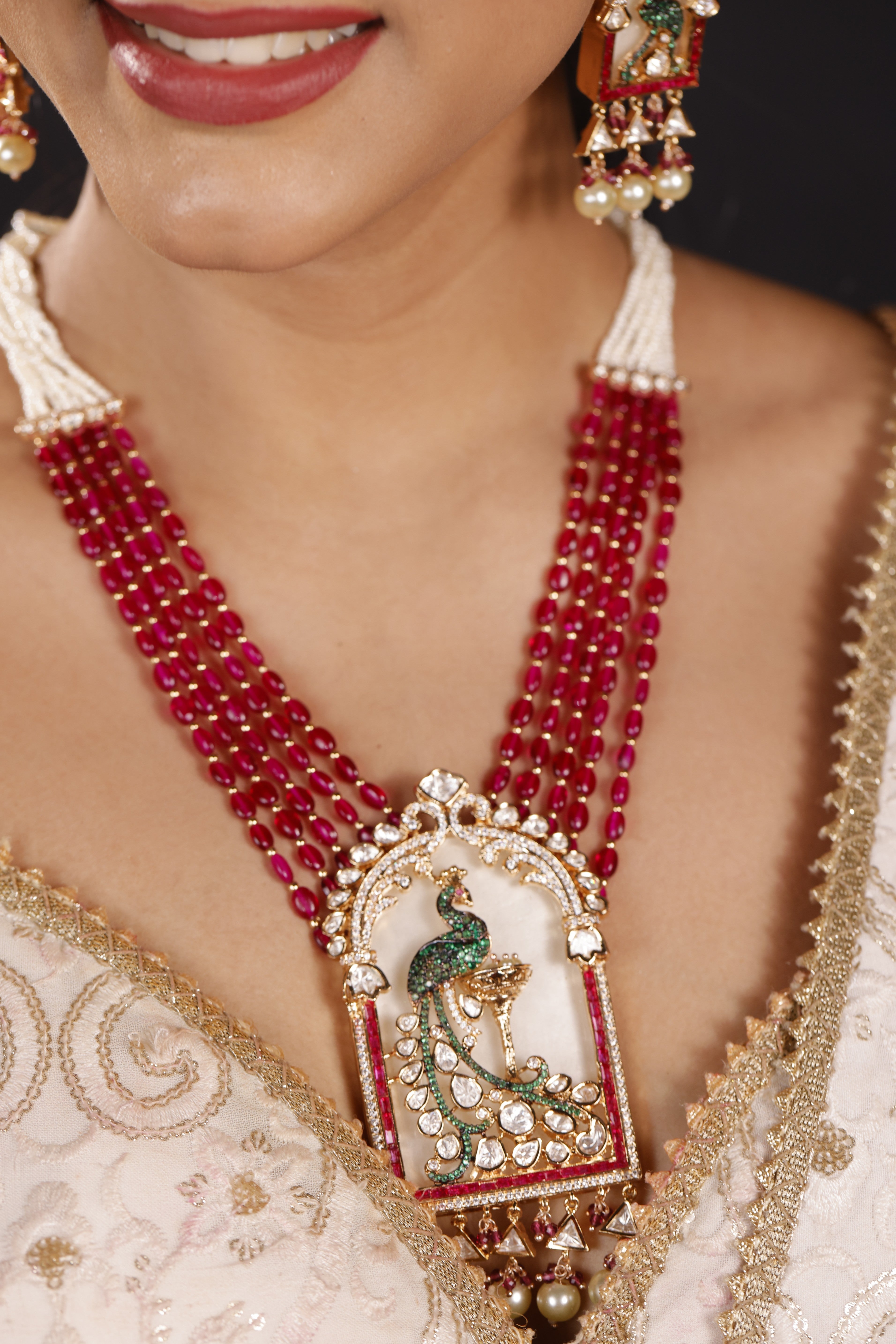Premimum Real Uncut Polki Ruby Beaded Peacock Necklace Set