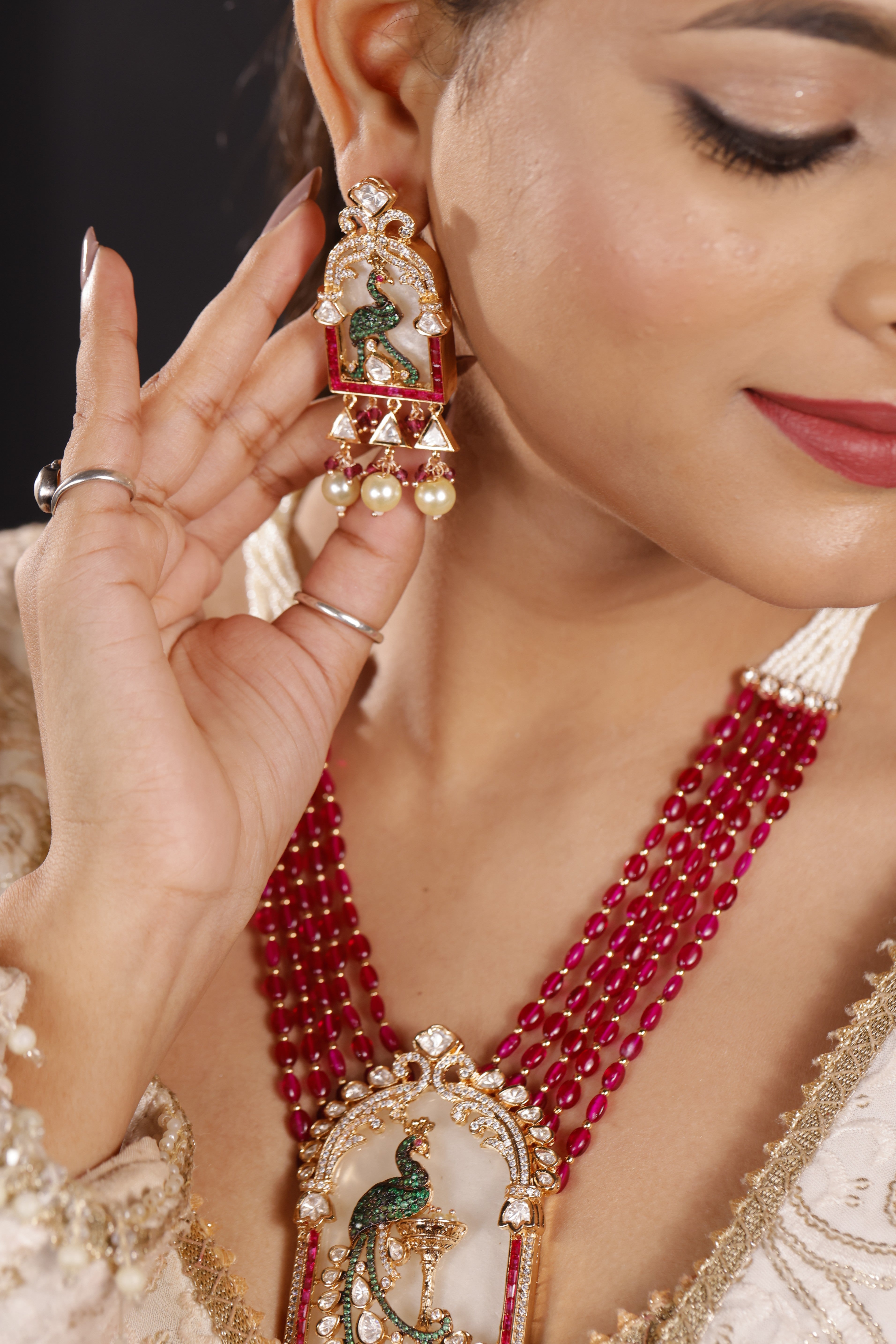 Premimum Real Uncut Polki Ruby Beaded Peacock Necklace Set