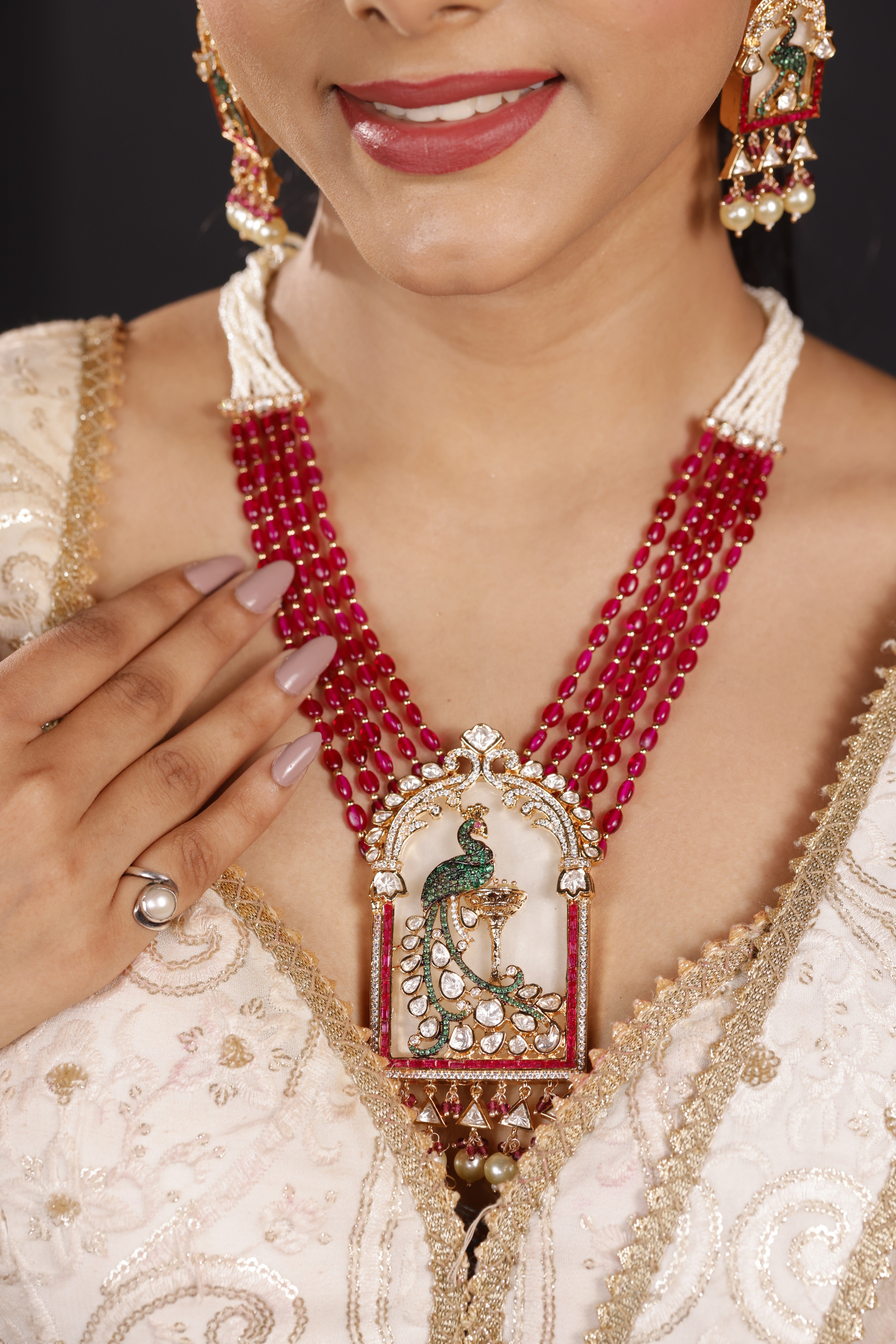 Premimum Real Uncut Polki Ruby Beaded Peacock Necklace Set