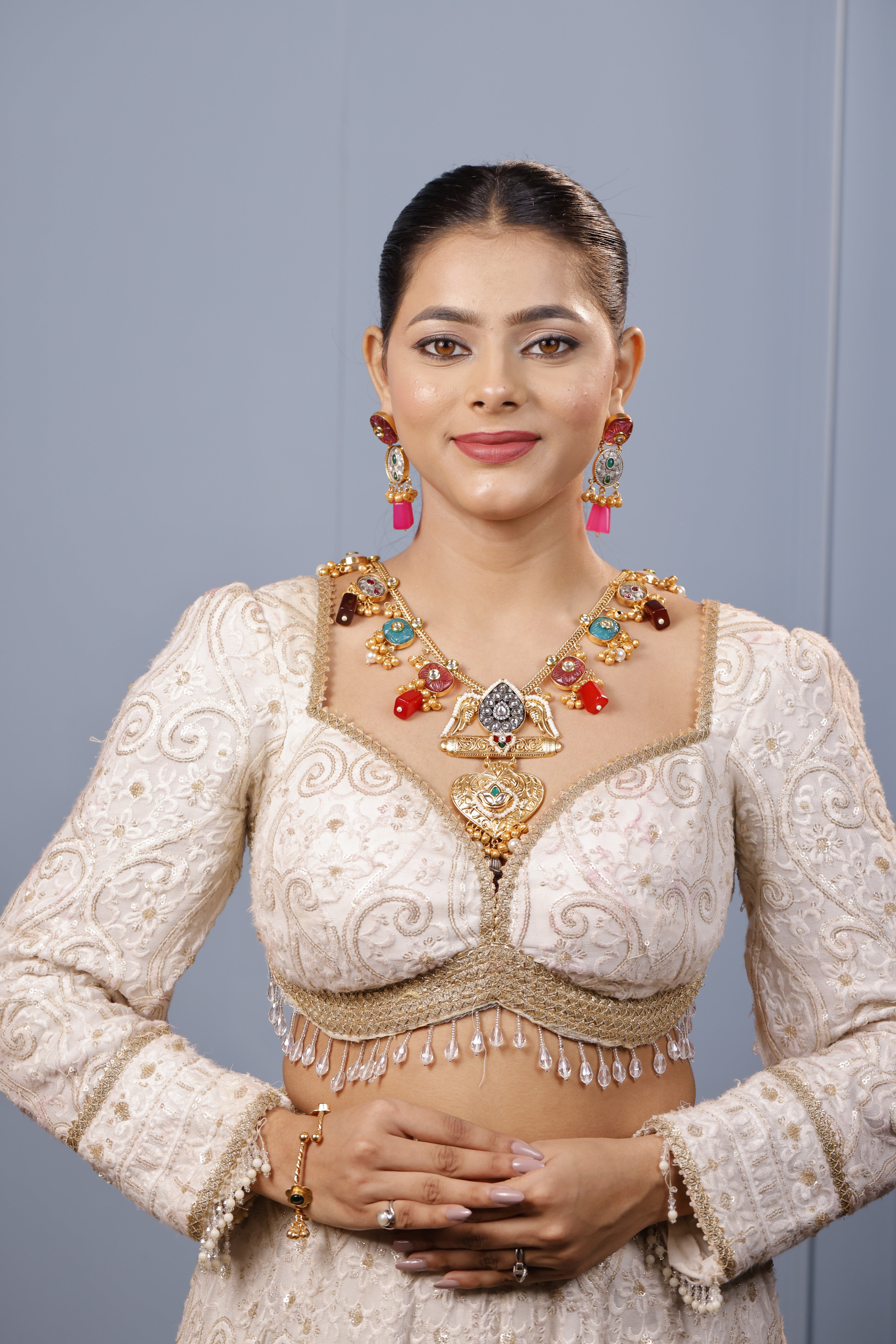 kashmiri Multicolor Gemstone Gold-Plated Necklace & Earring Set