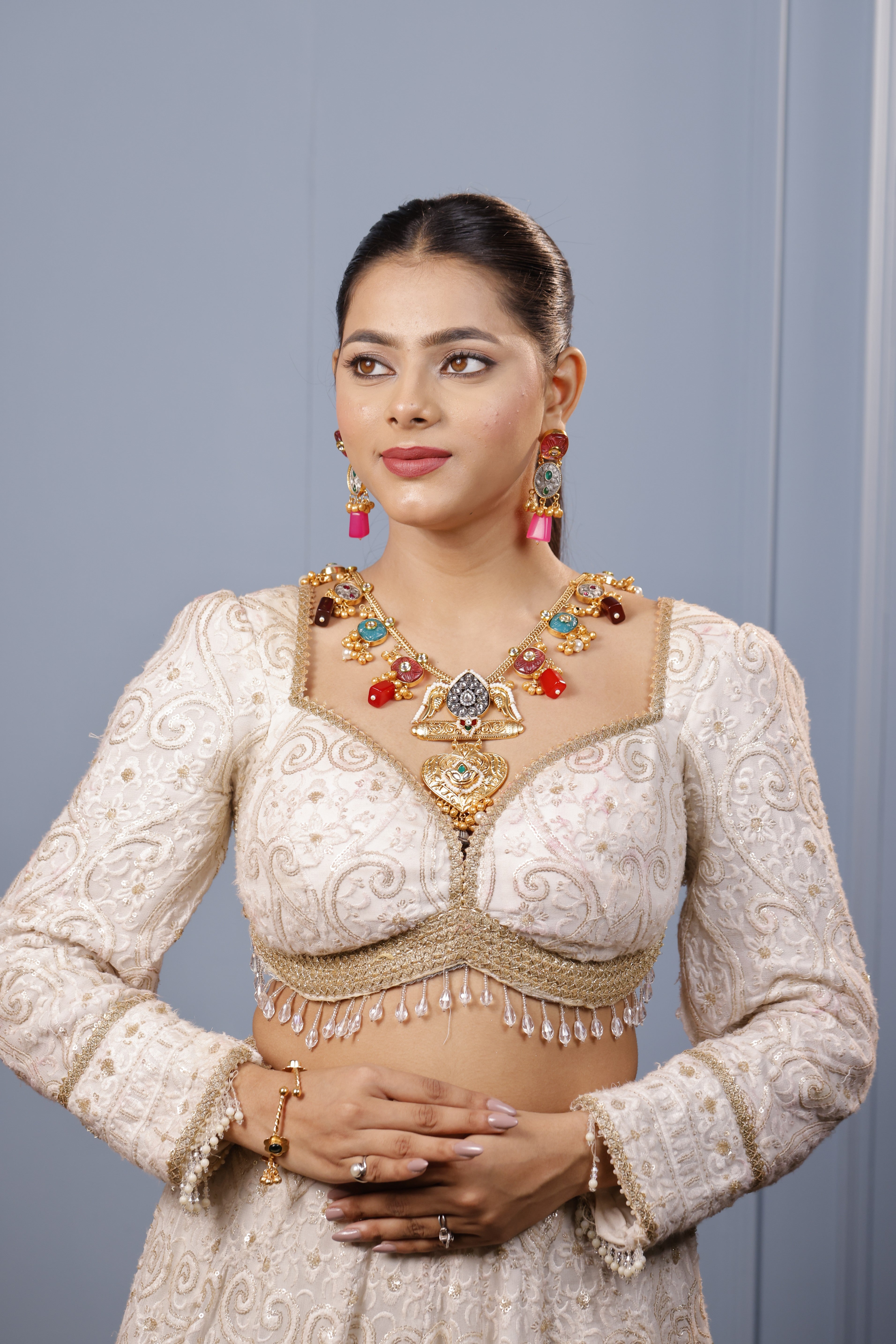 kashmiri Multicolor Gemstone Gold-Plated Necklace & Earring Set