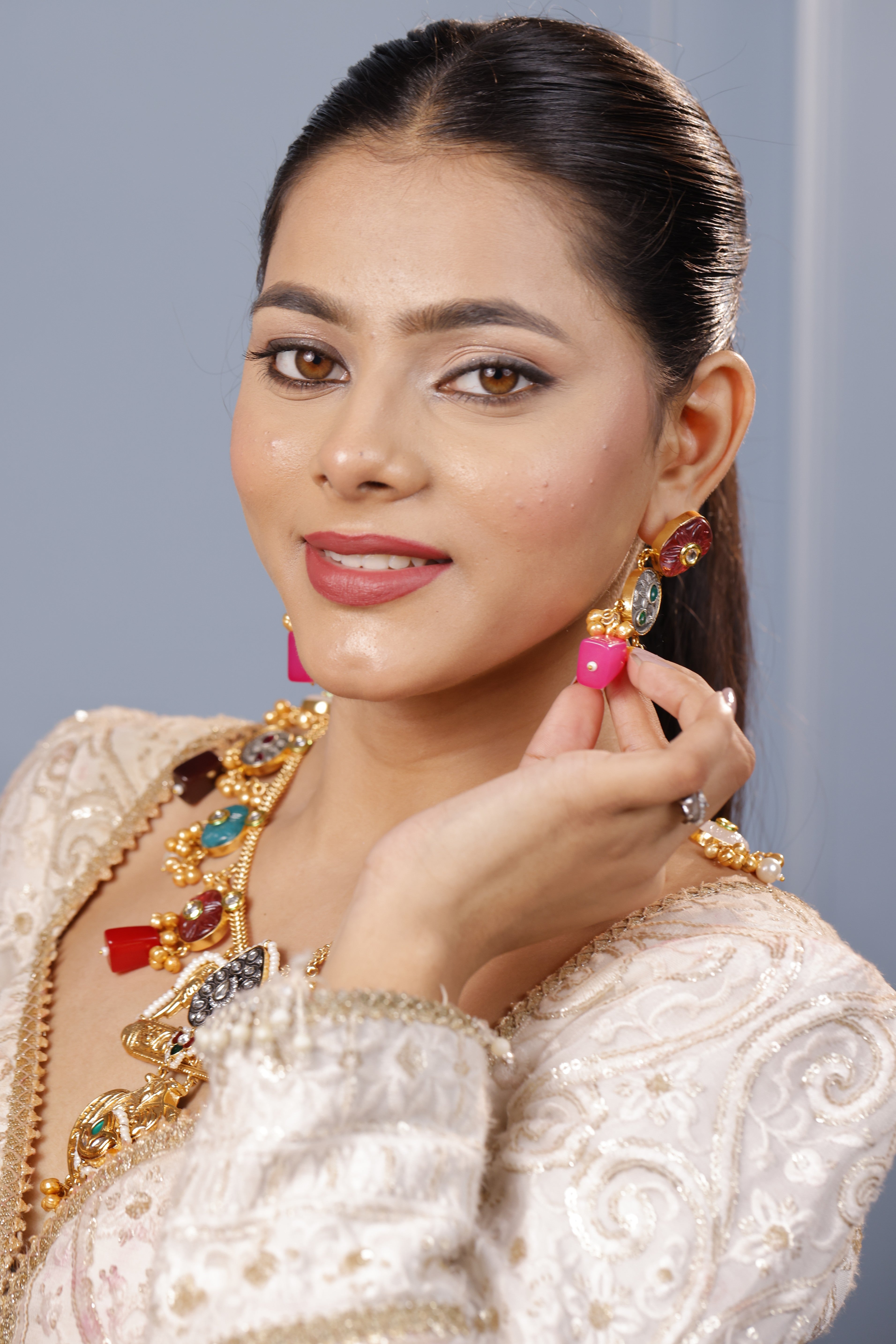 kashmiri Multicolor Gemstone Gold-Plated Necklace & Earring Set