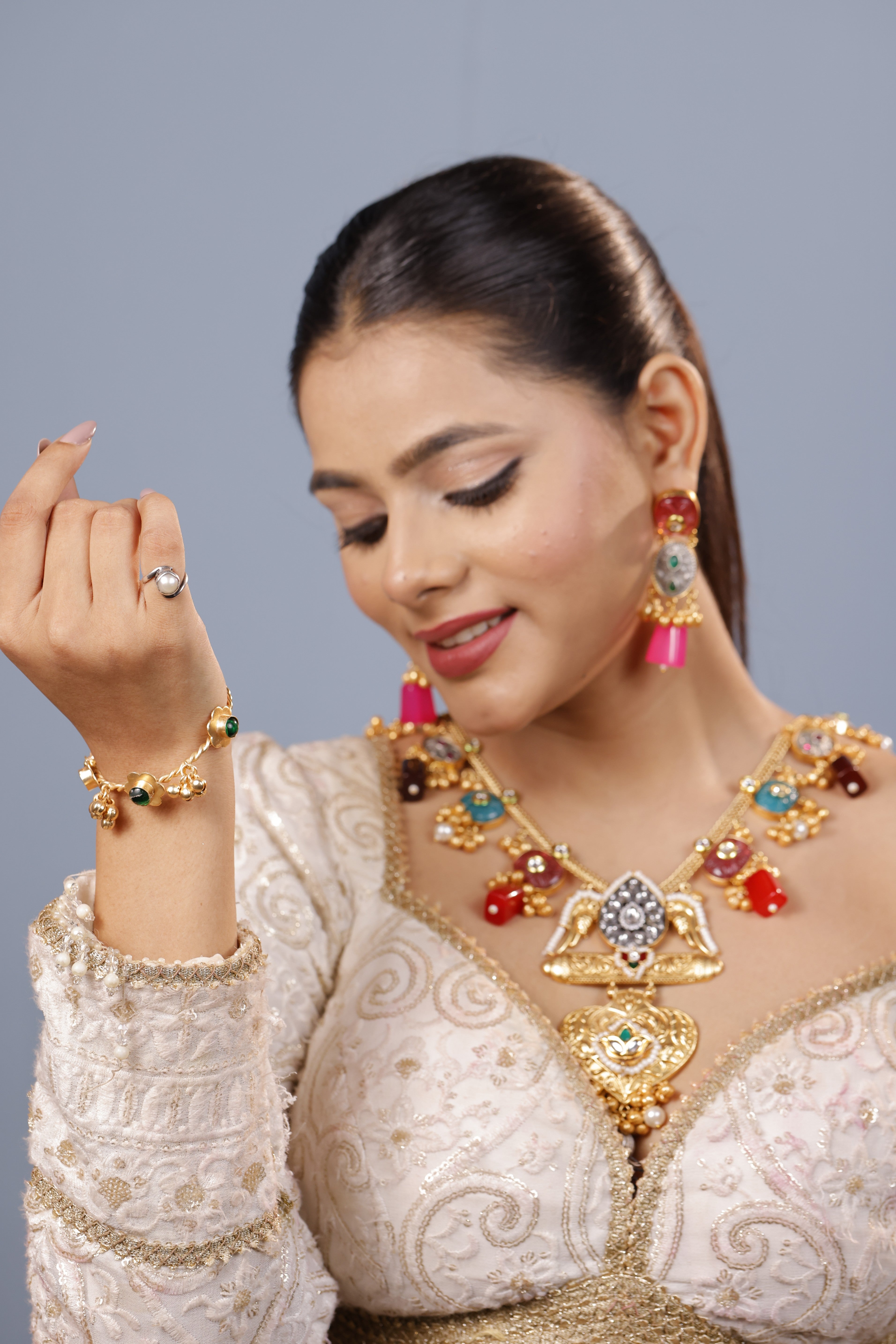 kashmiri Multicolor Gemstone Gold-Plated Necklace & Earring Set