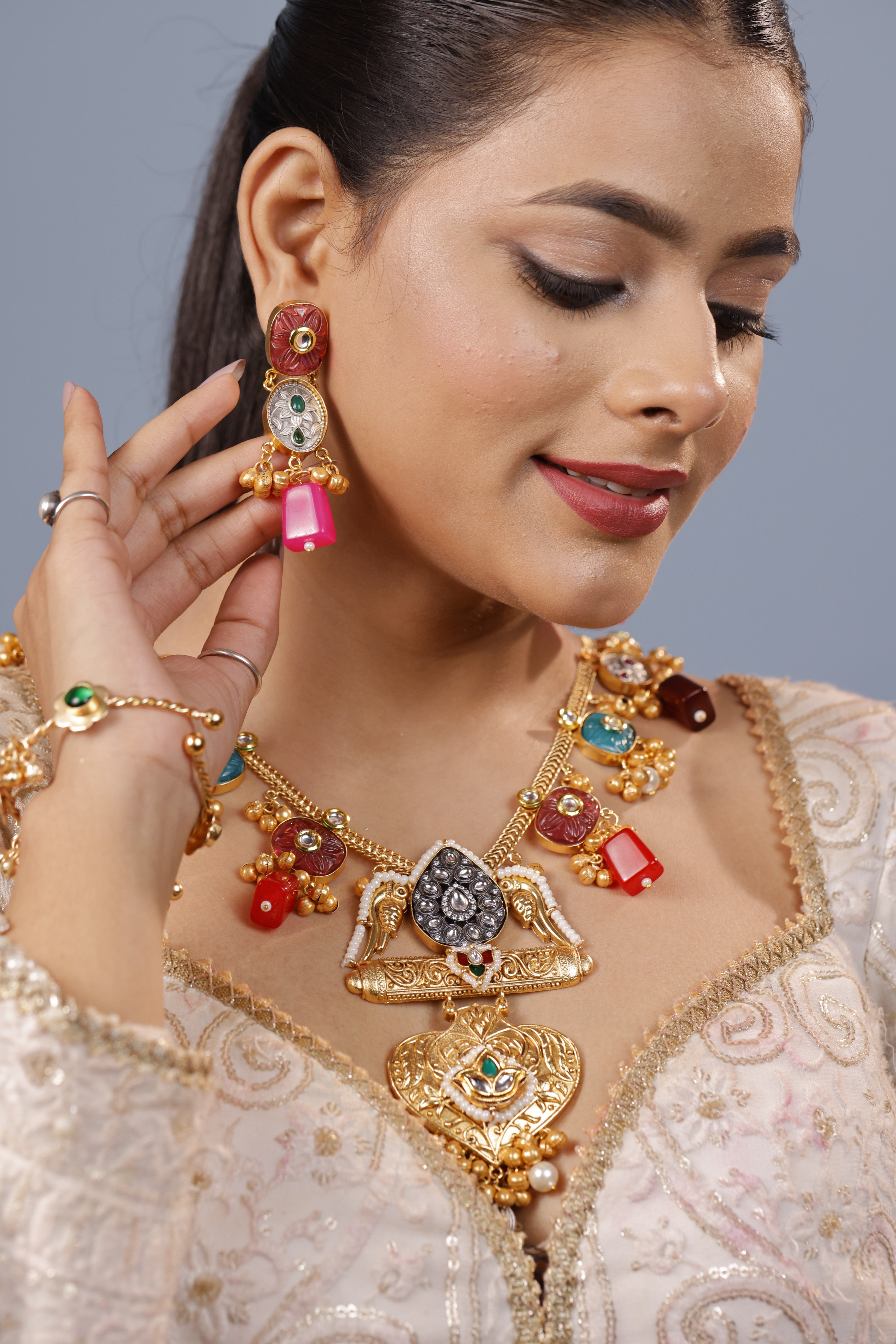 kashmiri Multicolor Gemstone Gold-Plated Necklace & Earring Set