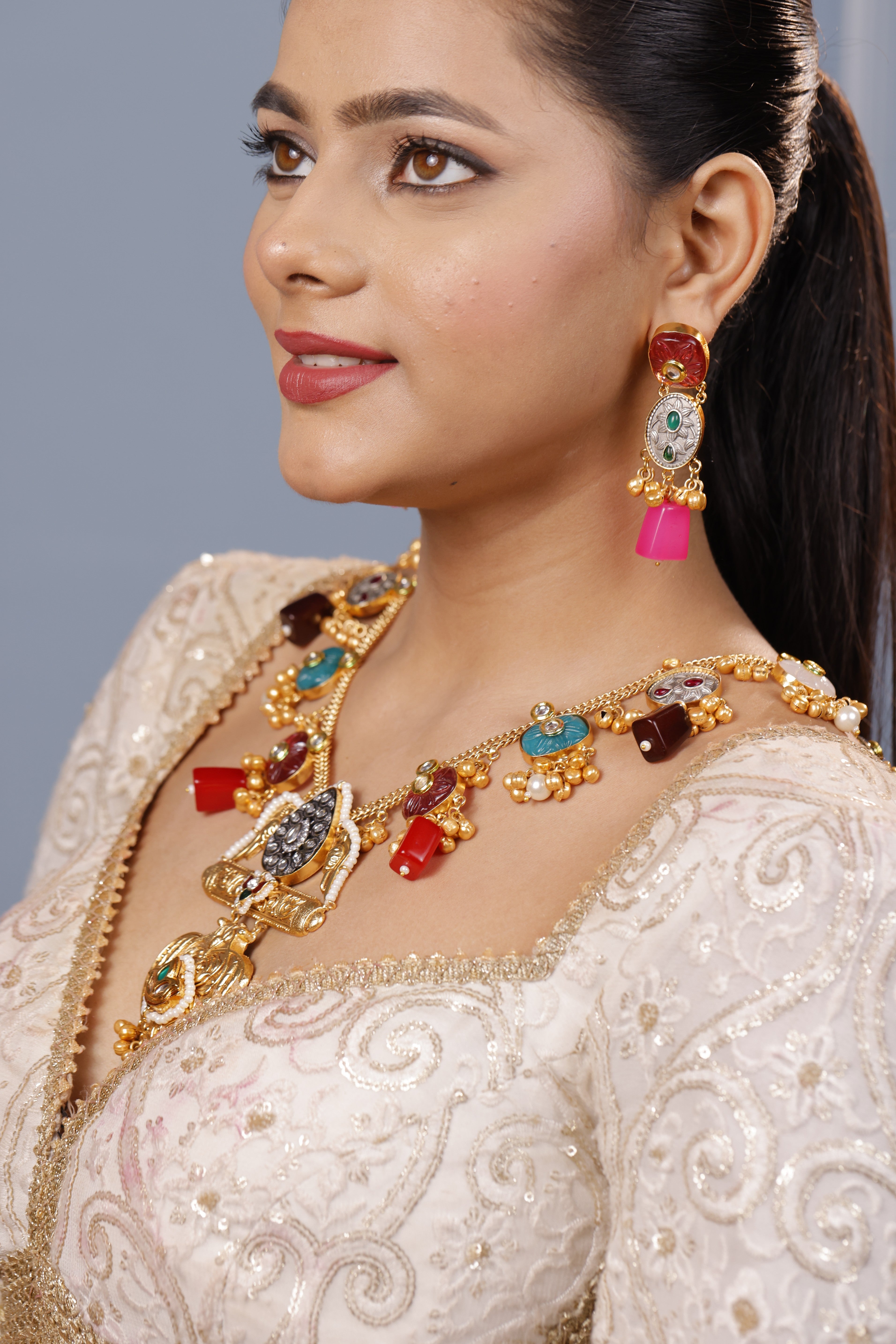 kashmiri Multicolor Gemstone Gold-Plated Necklace & Earring Set