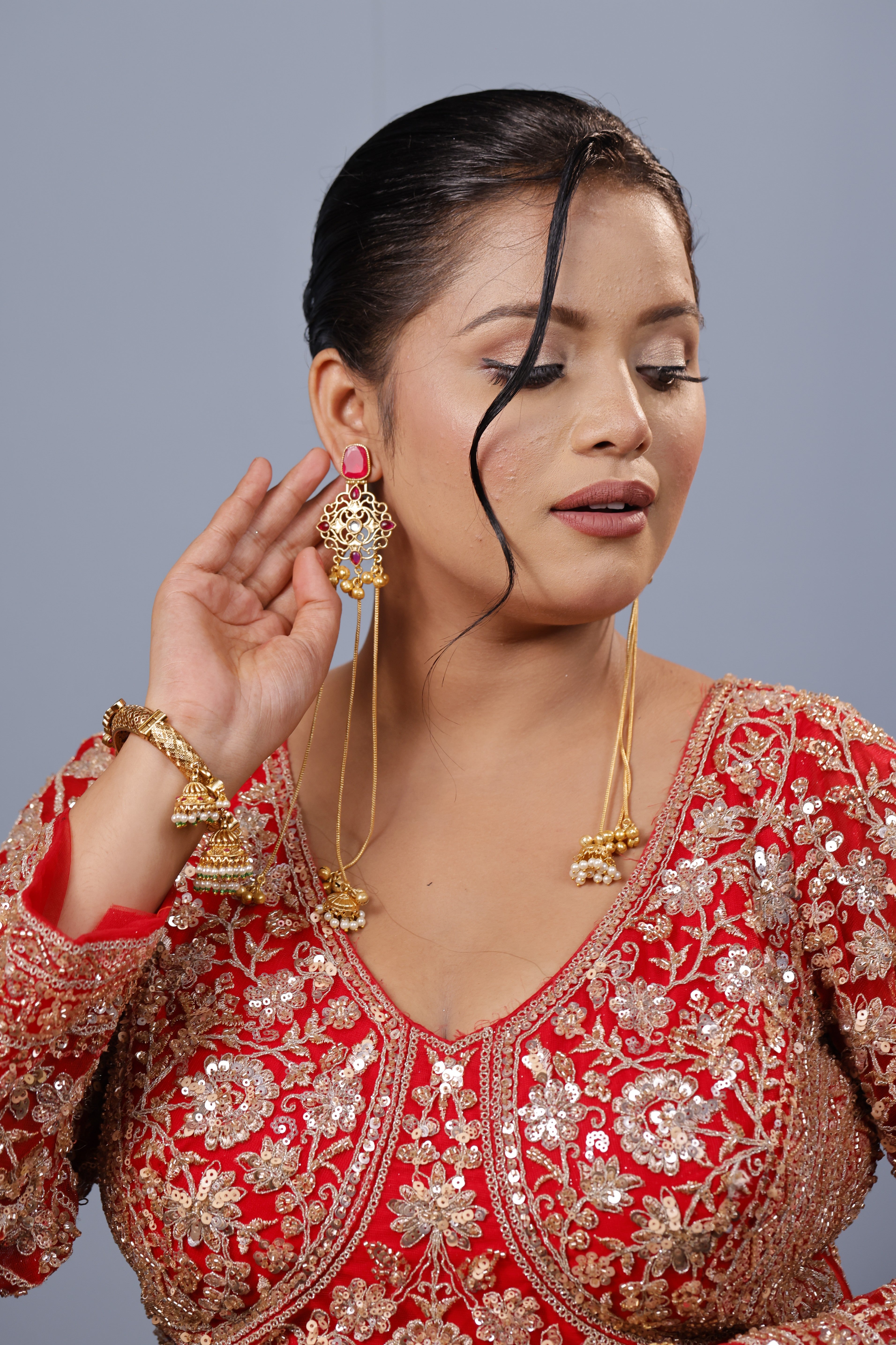 Ruby Long Chain Gold-Plated Jhumka Earrings