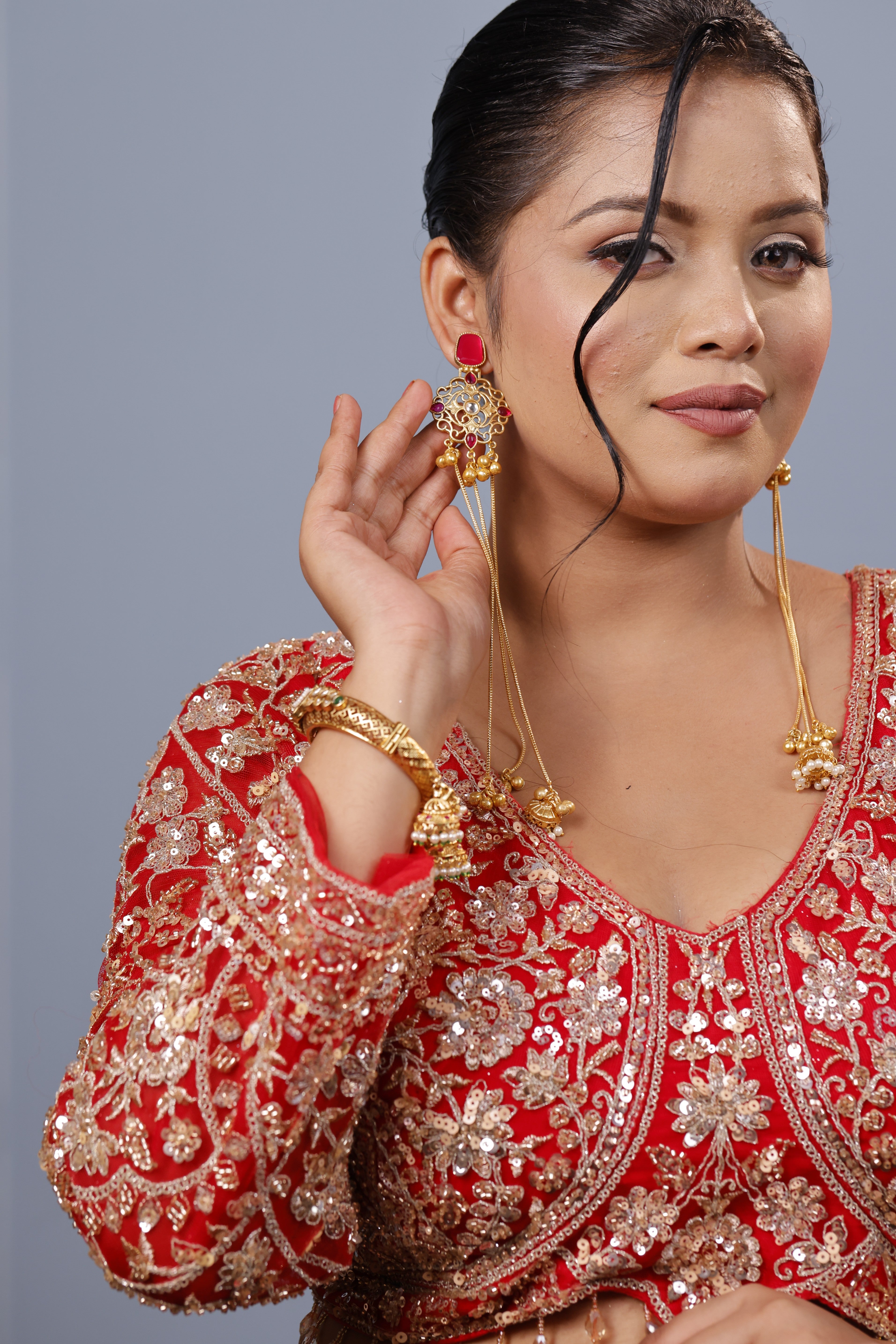 Ruby Long Chain Gold-Plated Jhumka Earrings