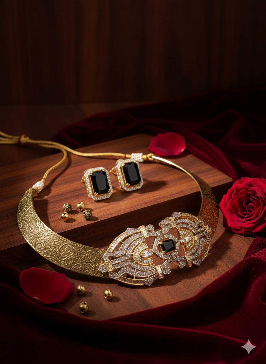 Gold Engraved Hasli Necklace Set for Women | Carved Golden Hasli with American Diamond Pendant | Glass Stone Stud Earrings | Pure Brass | 15.24 cm Premium Statement Jewellery Set