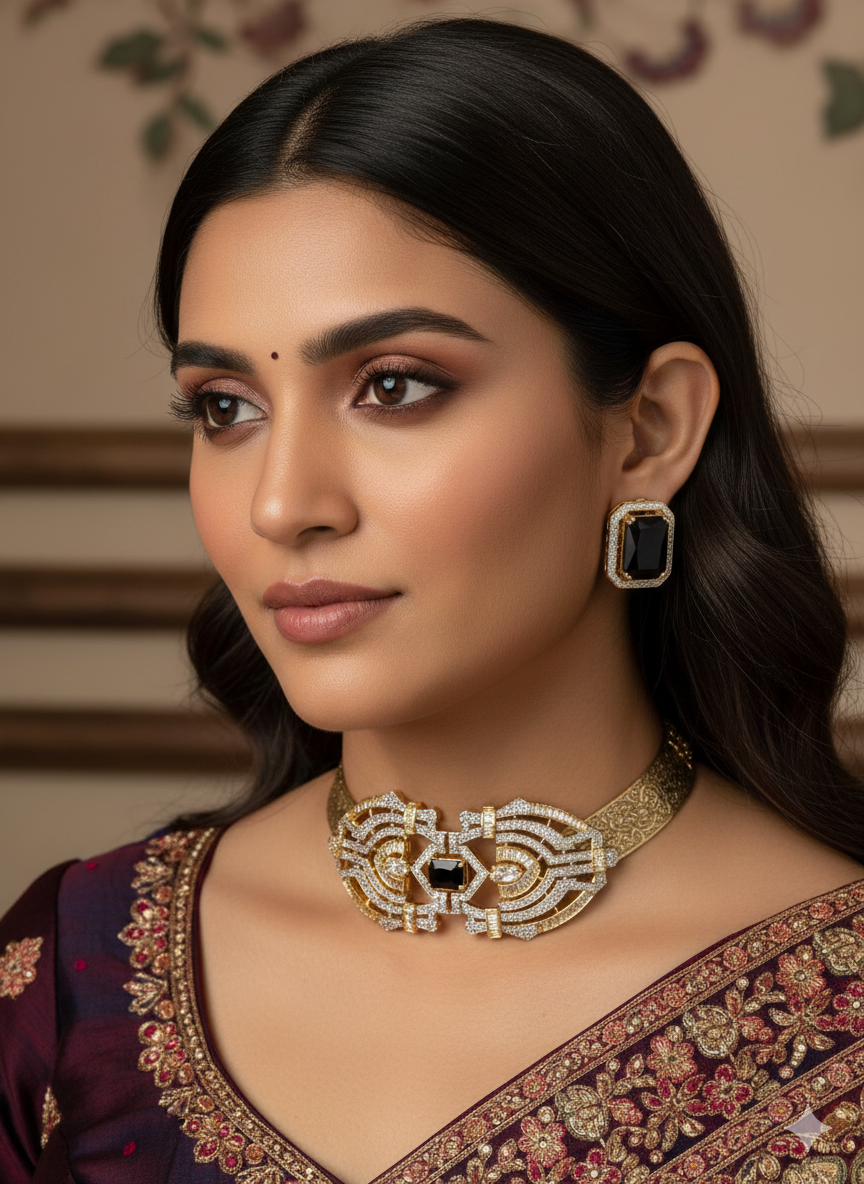 Gold Engraved Hasli Necklace Set for Women | Carved Golden Hasli with American Diamond Pendant | Glass Stone Stud Earrings | Pure Brass | 15.24 cm Premium Statement Jewellery Set