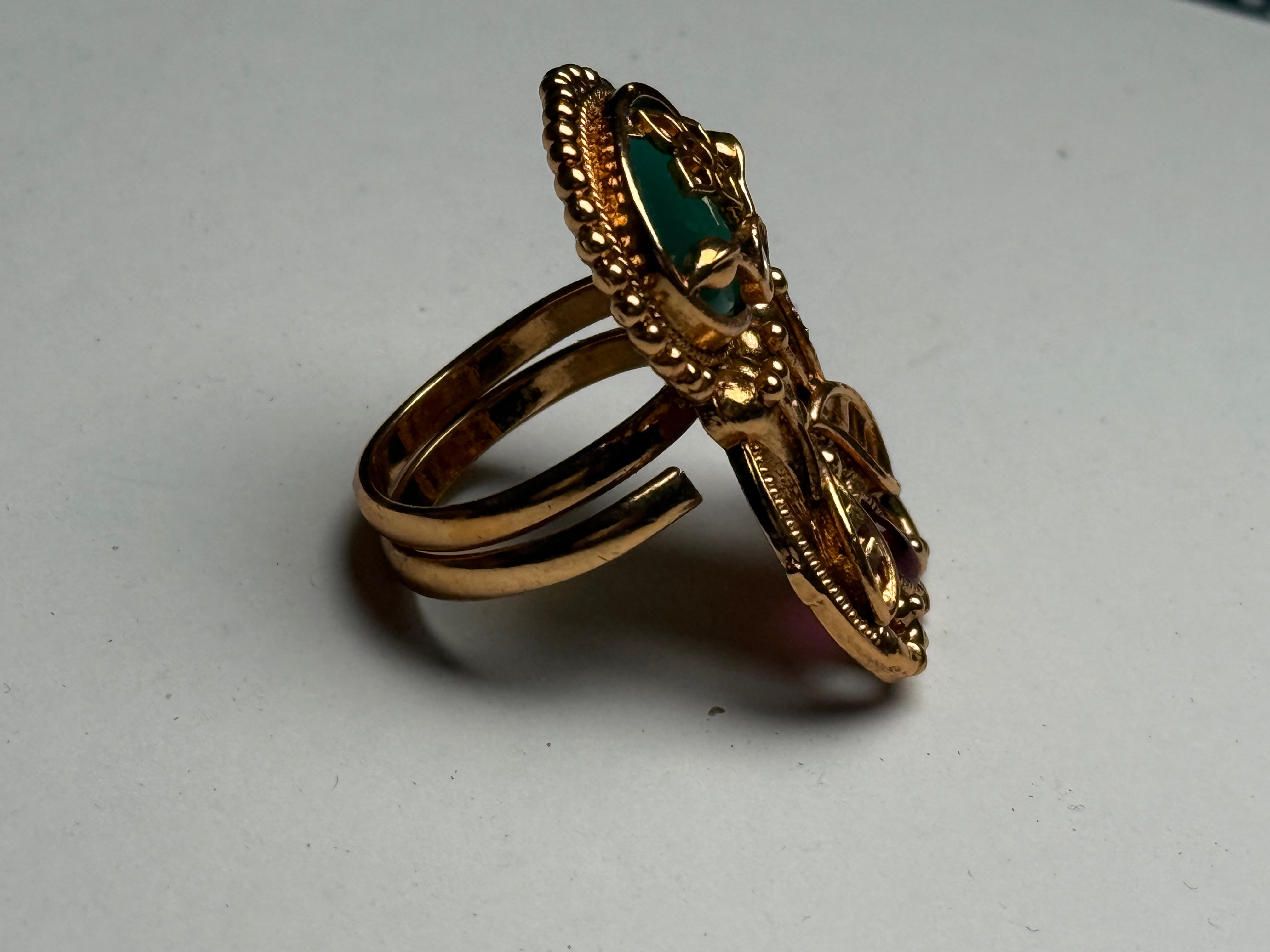 Shree Sakhi Heritage Flower Carving Kundan Ruby & Emerald Adjustable Ring for Women | Premium Finish | Next-to-Gold Look | Pure Brass | 3.56 cm Traditional Floral Ring