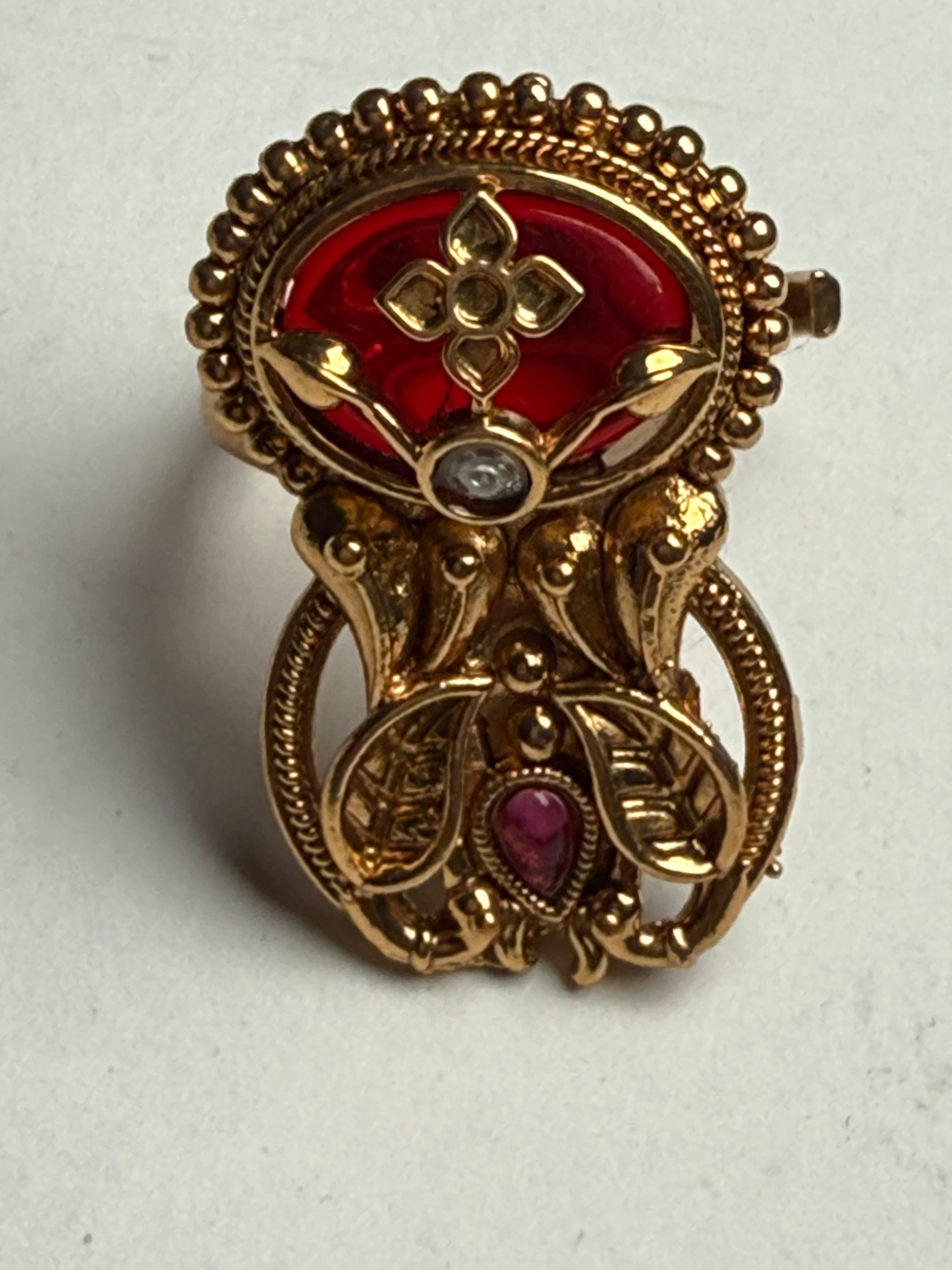 Shree Sakhi Heritage Flower Carving Kundan Ruby & Emerald Adjustable Ring for Women | Premium Finish | Next-to-Gold Look | Pure Brass | 3.56 cm Traditional Floral Ring