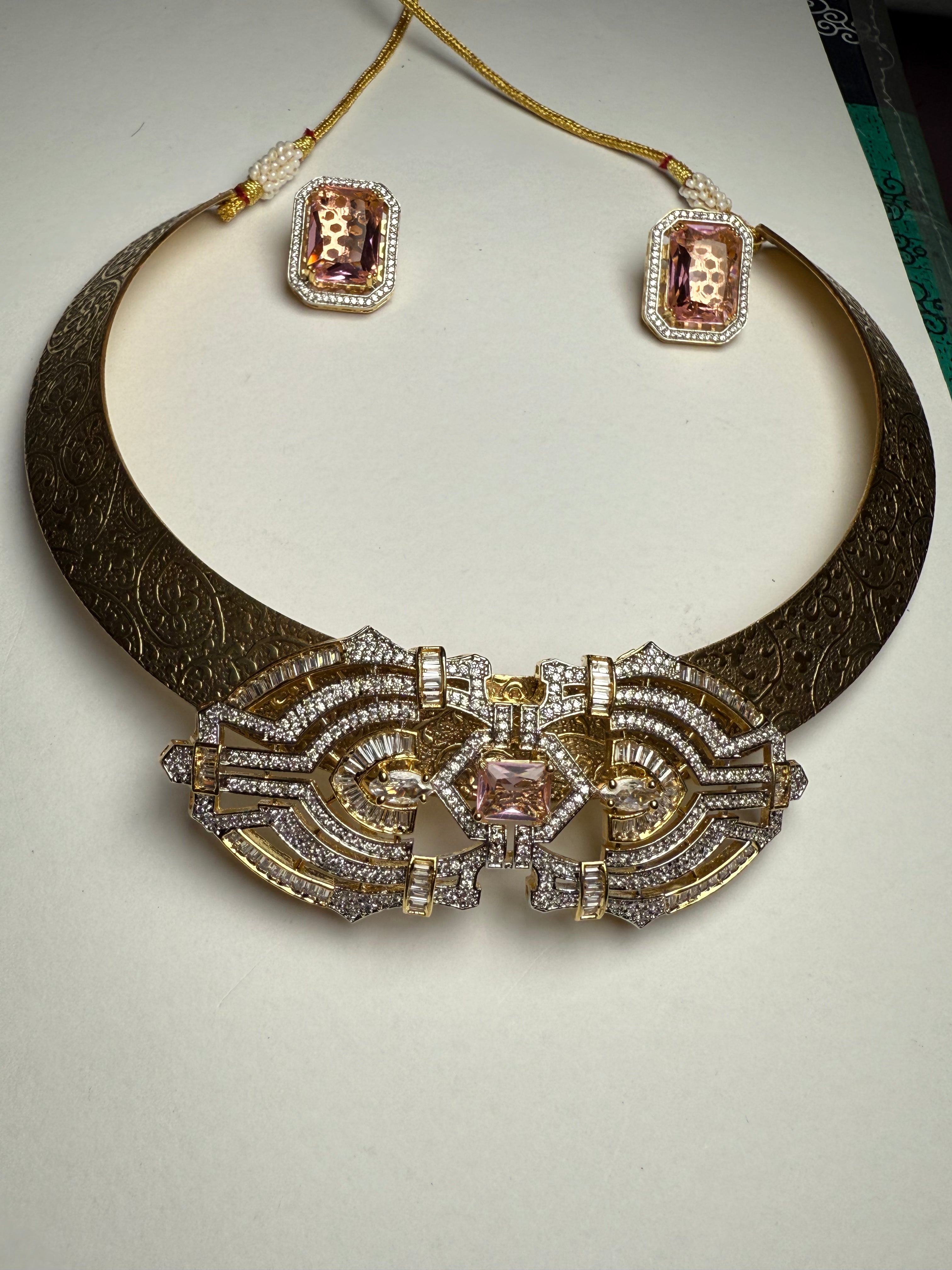 Gold Engraved Hasli Necklace Set for Women | Carved Golden Hasli with American Diamond Pendant | Glass Stone Stud Earrings | Pure Brass | 15.24 cm Premium Statement Jewellery Set