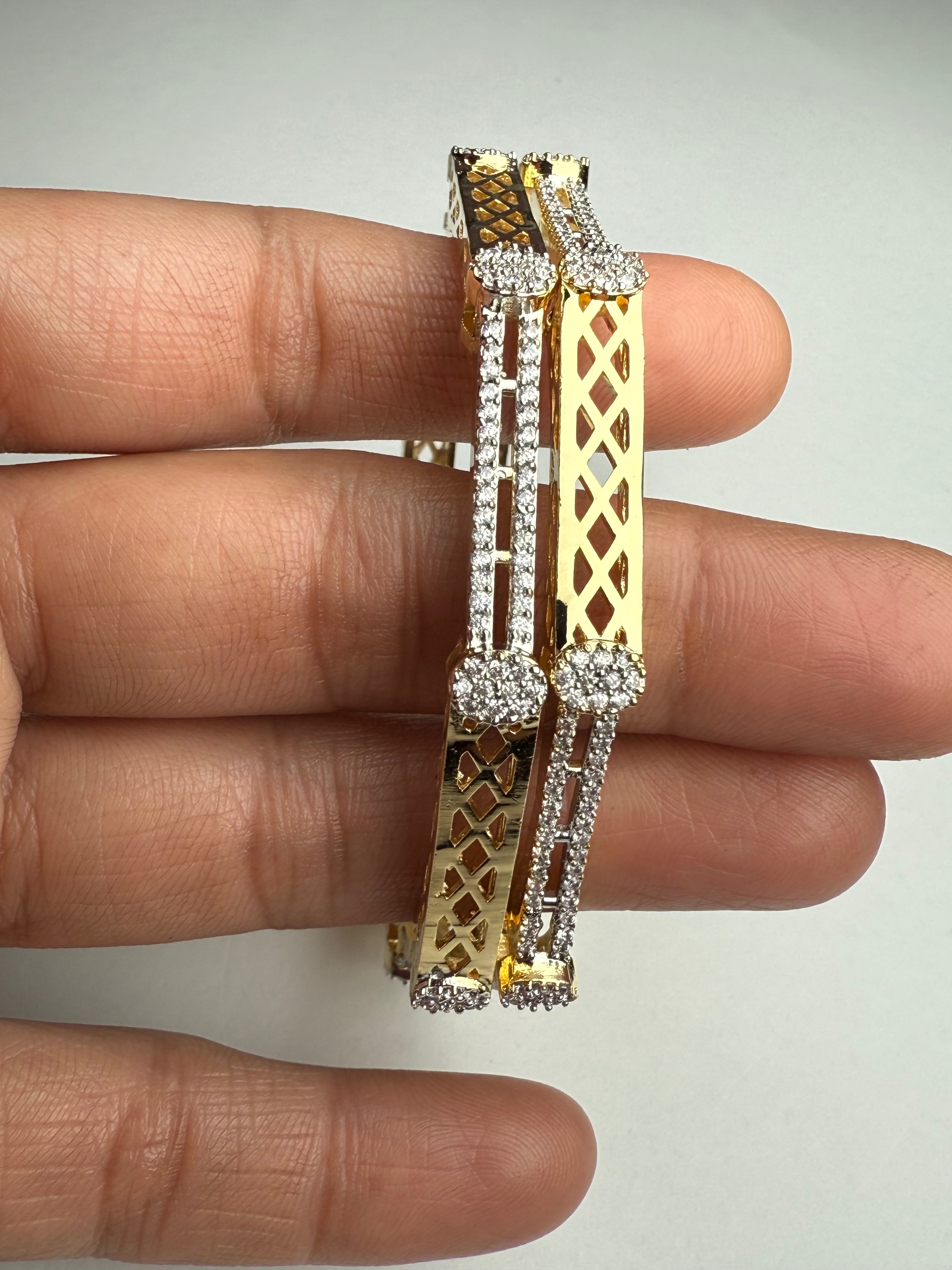 Designer Criss-Cross American Diamond Bangles Set | Gold Polish | Sizes 2/4, 2/6, 2/8