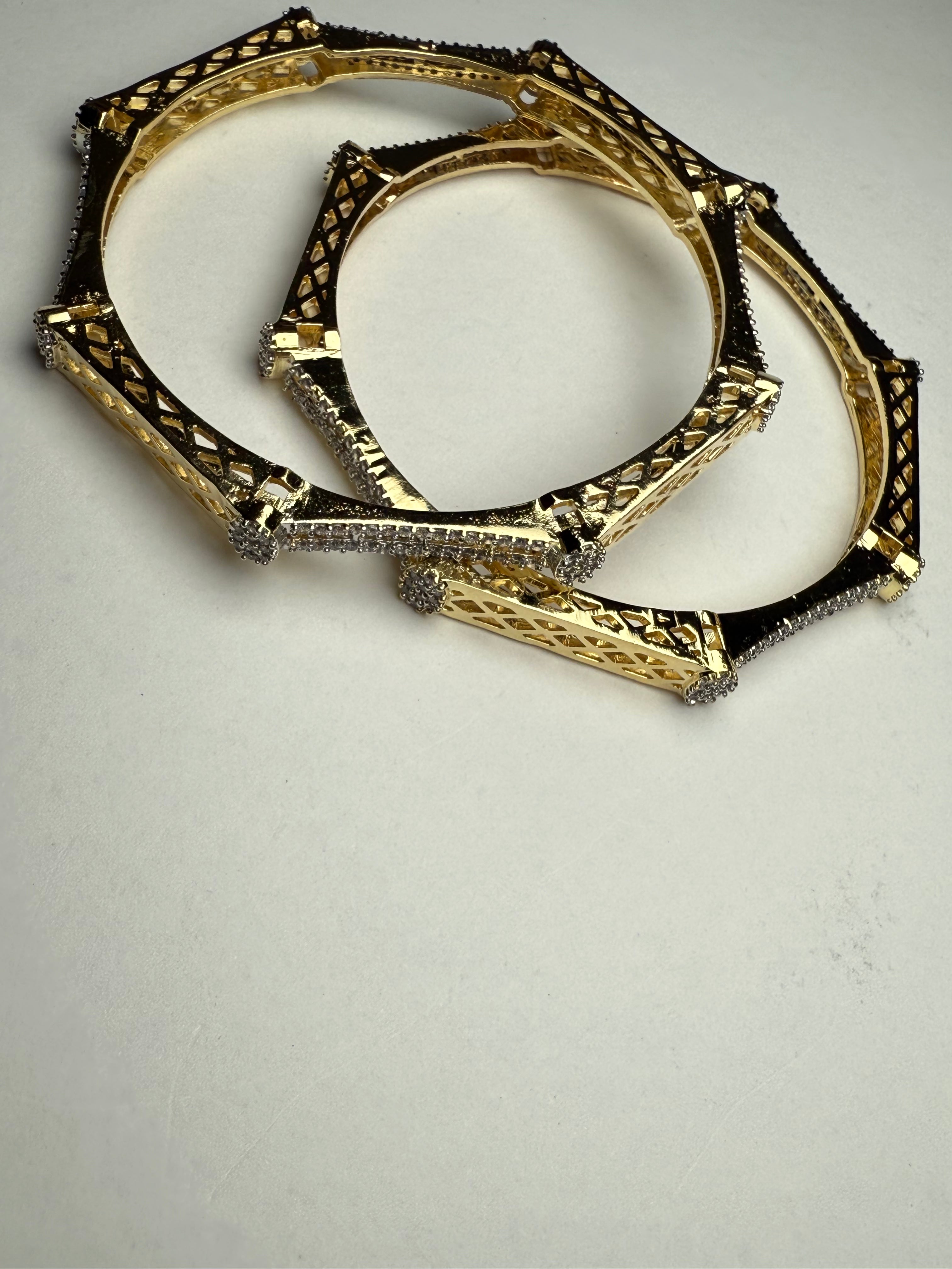 Designer Criss-Cross American Diamond Bangles Set | Gold Polish | Sizes 2/4, 2/6, 2/8