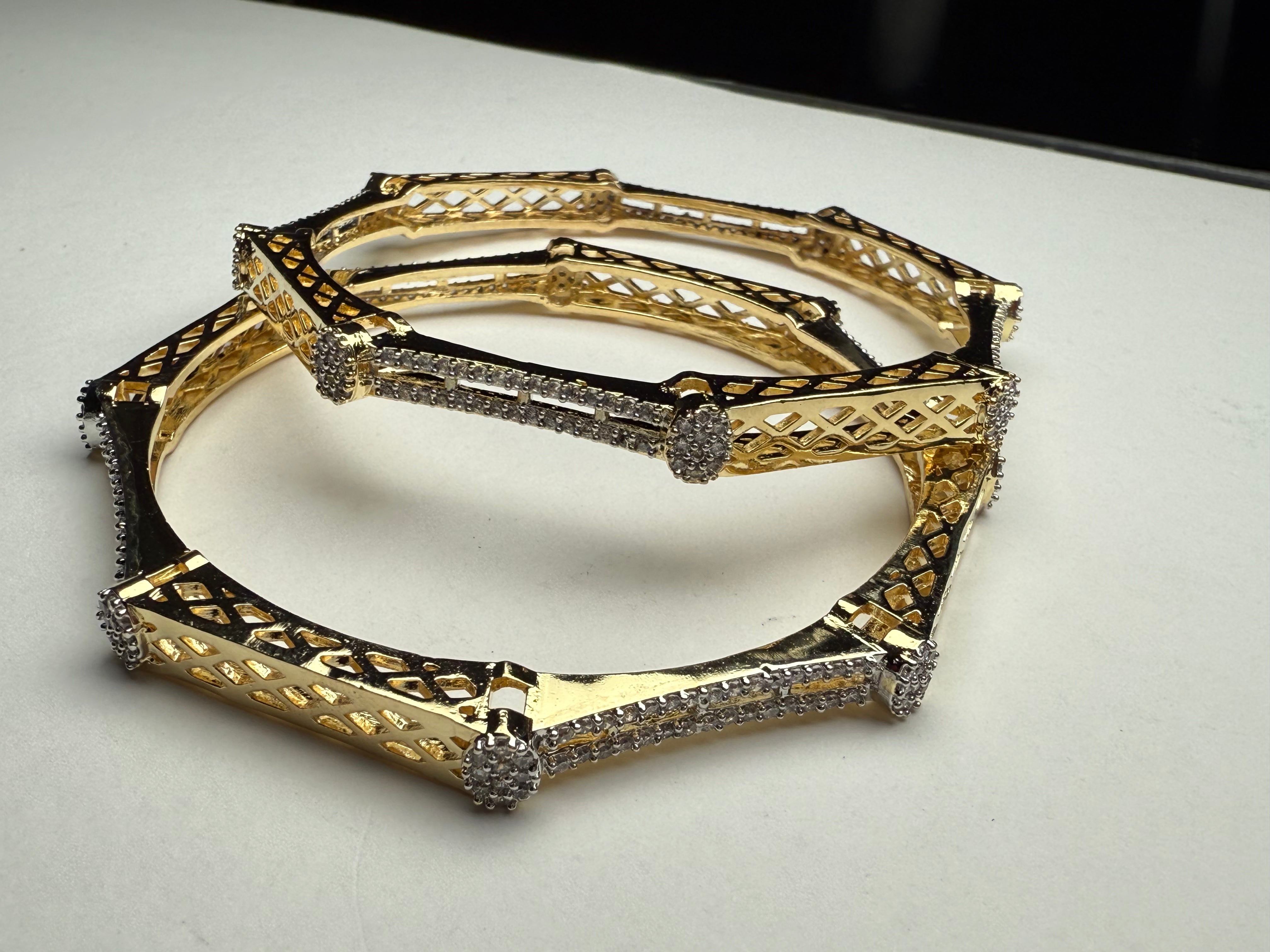 Designer Criss-Cross American Diamond Bangles Set | Gold Polish | Sizes 2/4, 2/6, 2/8