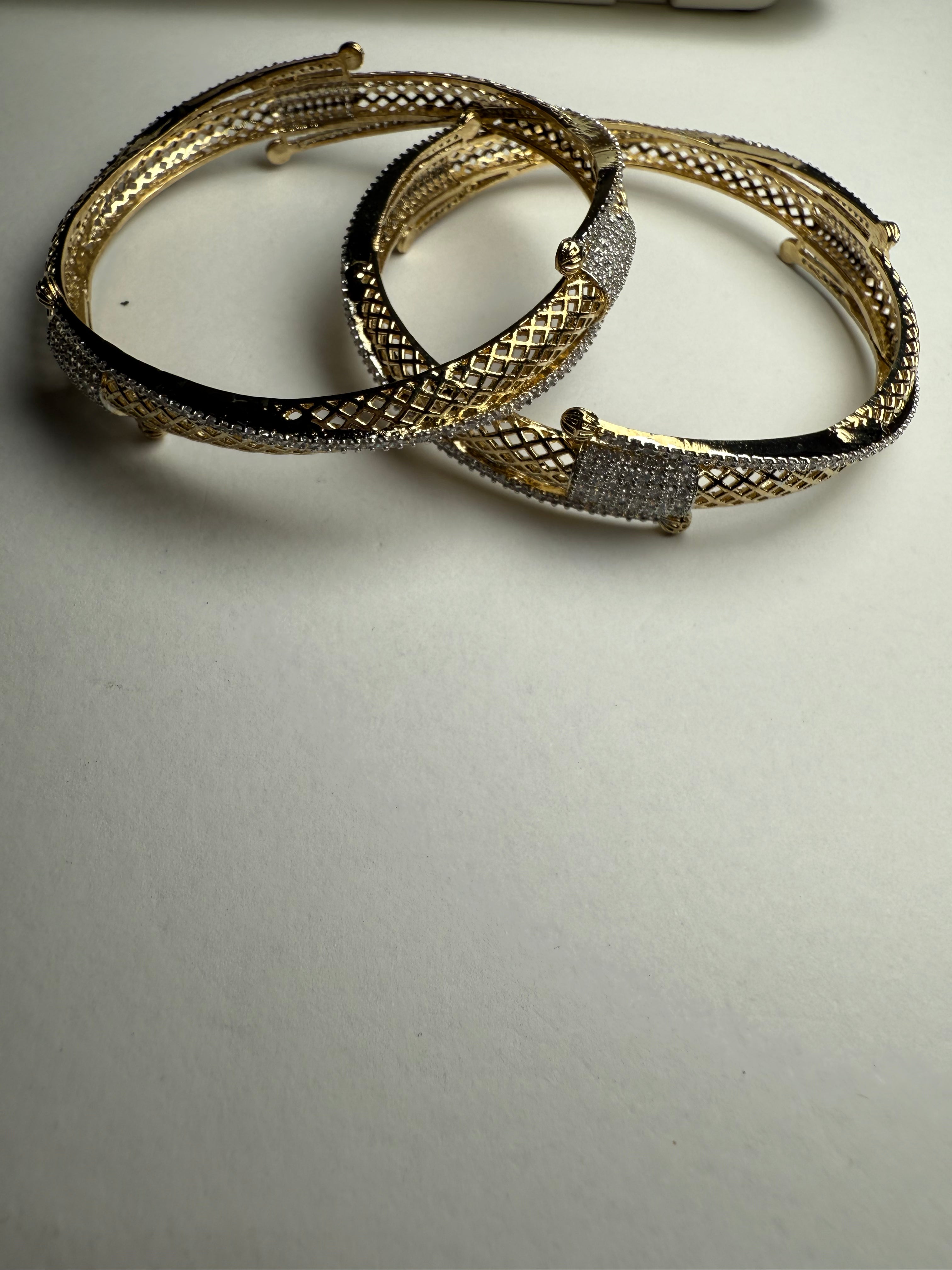 Designer Criss-Cross American Diamond Bangles Set | Gold Polish | Sizes 2/4, 2/6, 2/8