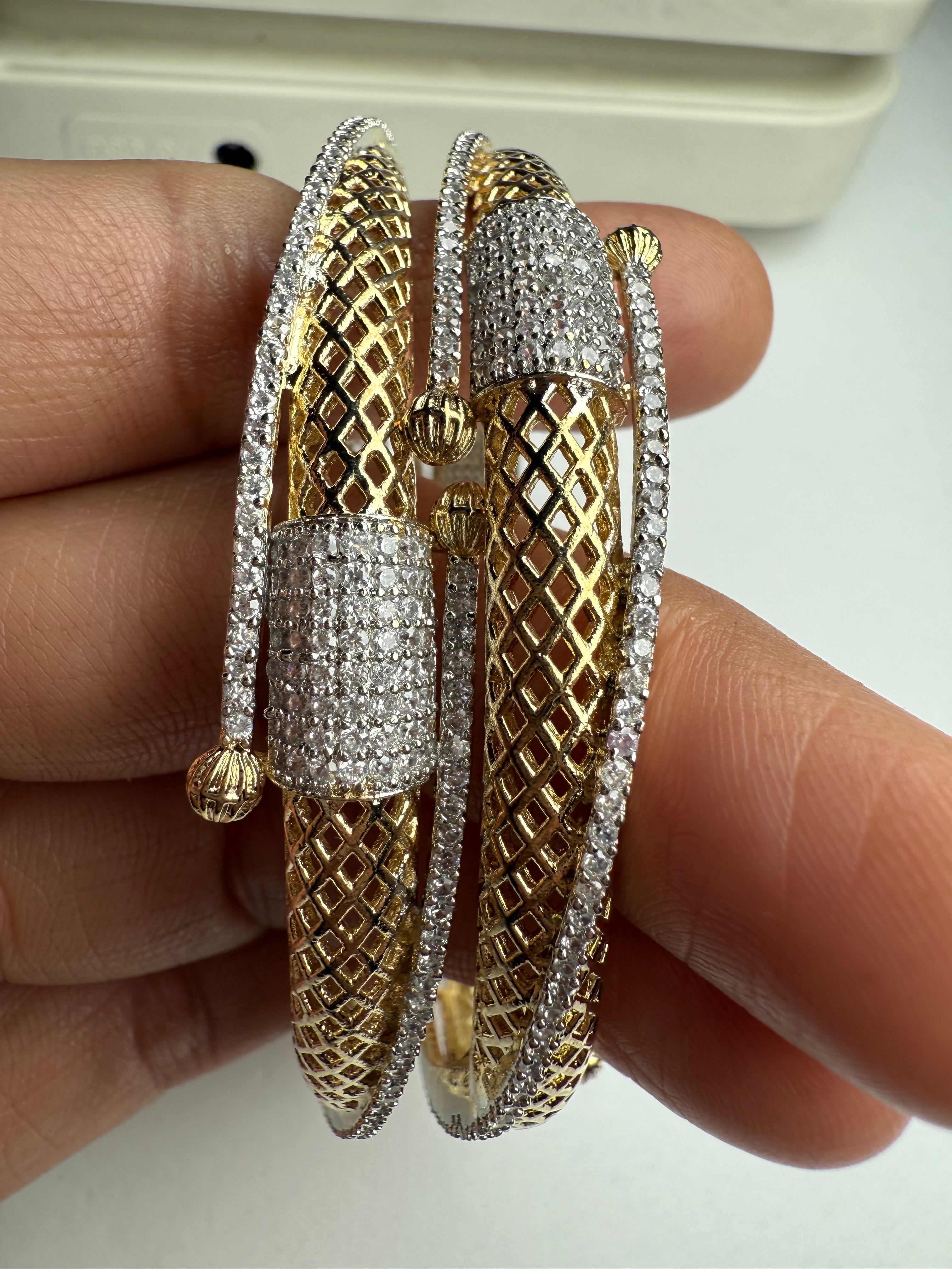 Designer Criss-Cross American Diamond Bangles Set | Gold Polish | Sizes 2/4, 2/6, 2/8