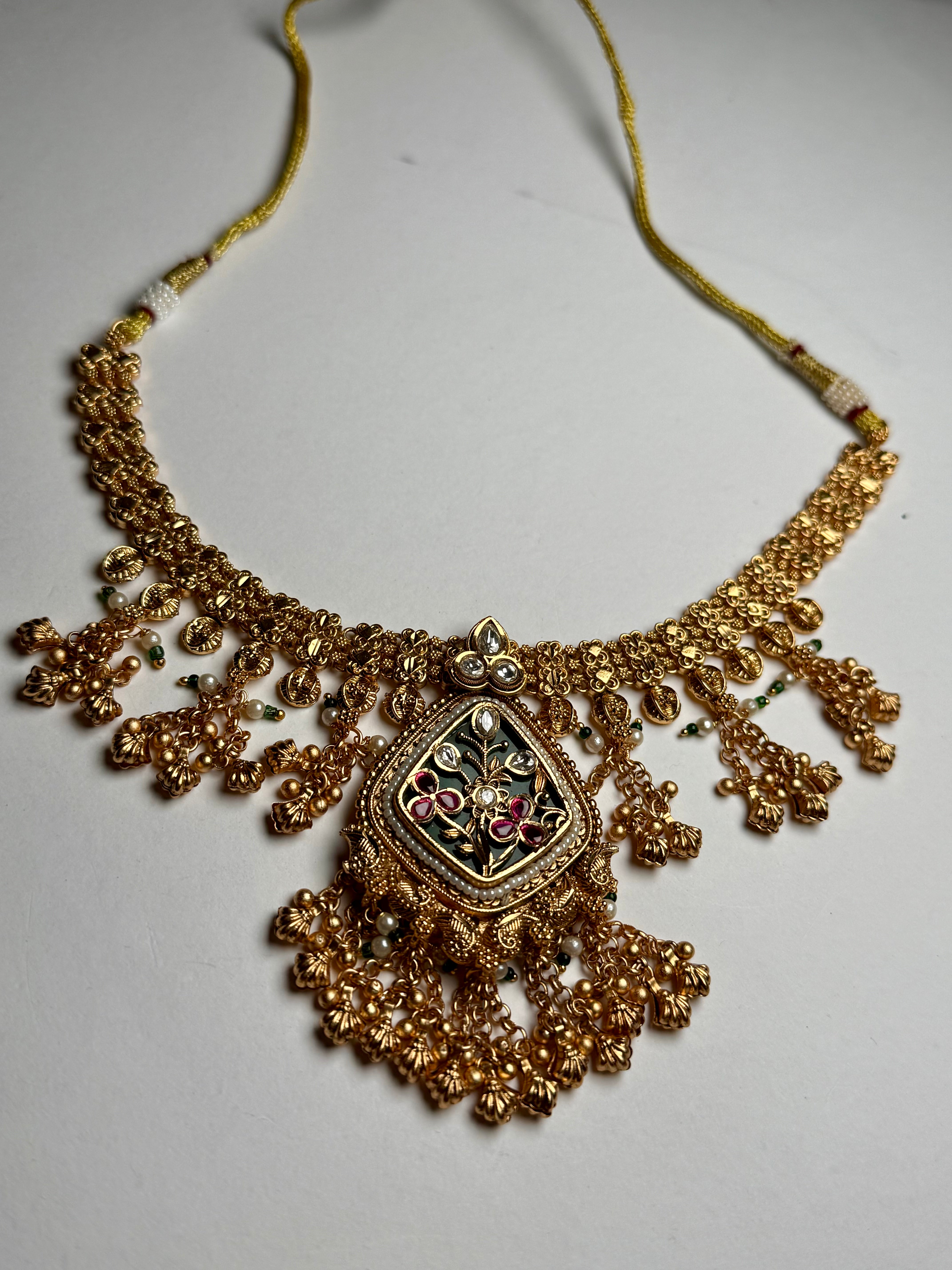 Heritage Gold Plated Kundan Necklace Set | Ruby-Emerald Fusion Carved Jewellery