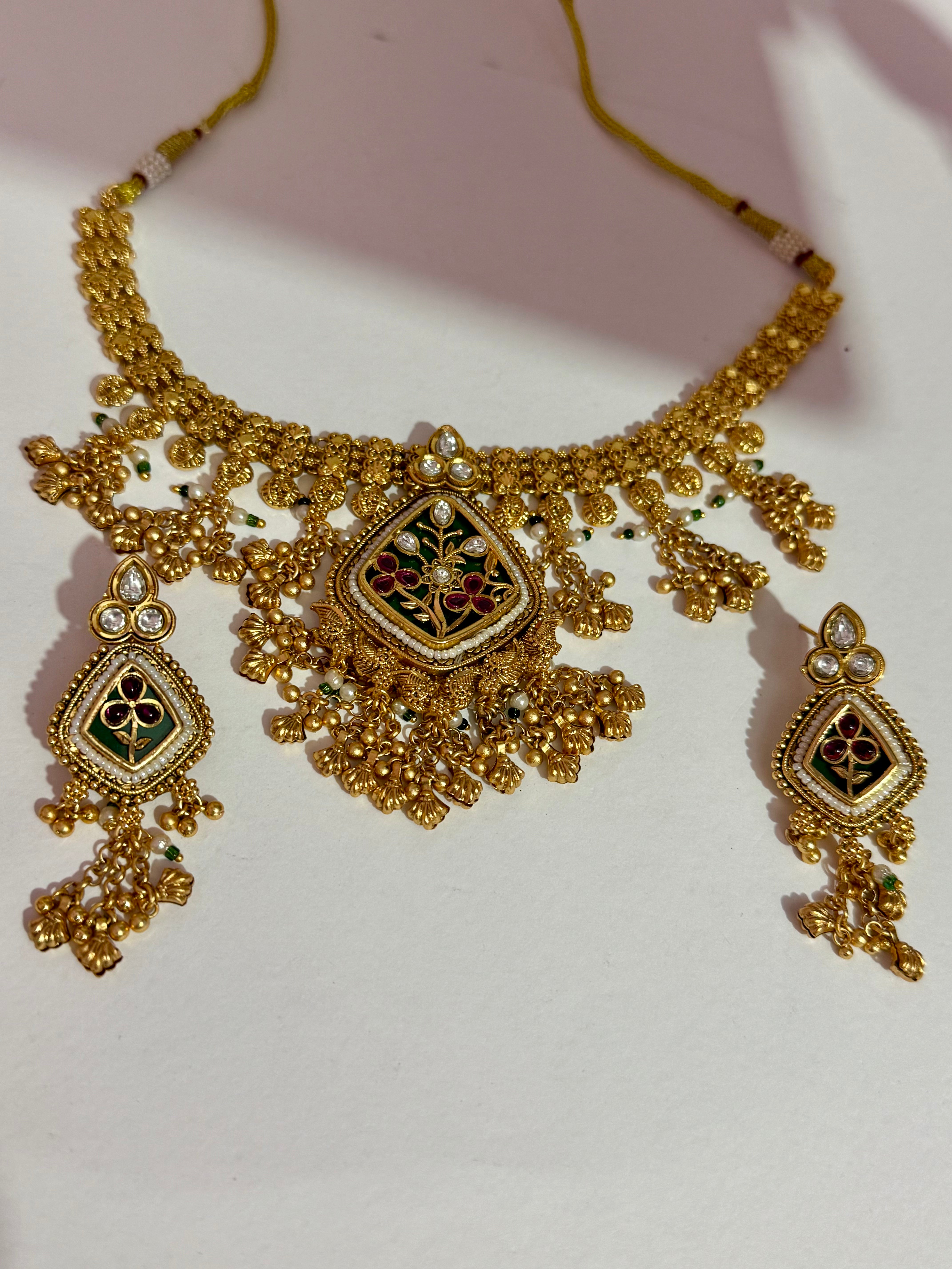 Heritage Gold Plated Kundan Necklace Set | Ruby-Emerald Fusion Carved Jewellery