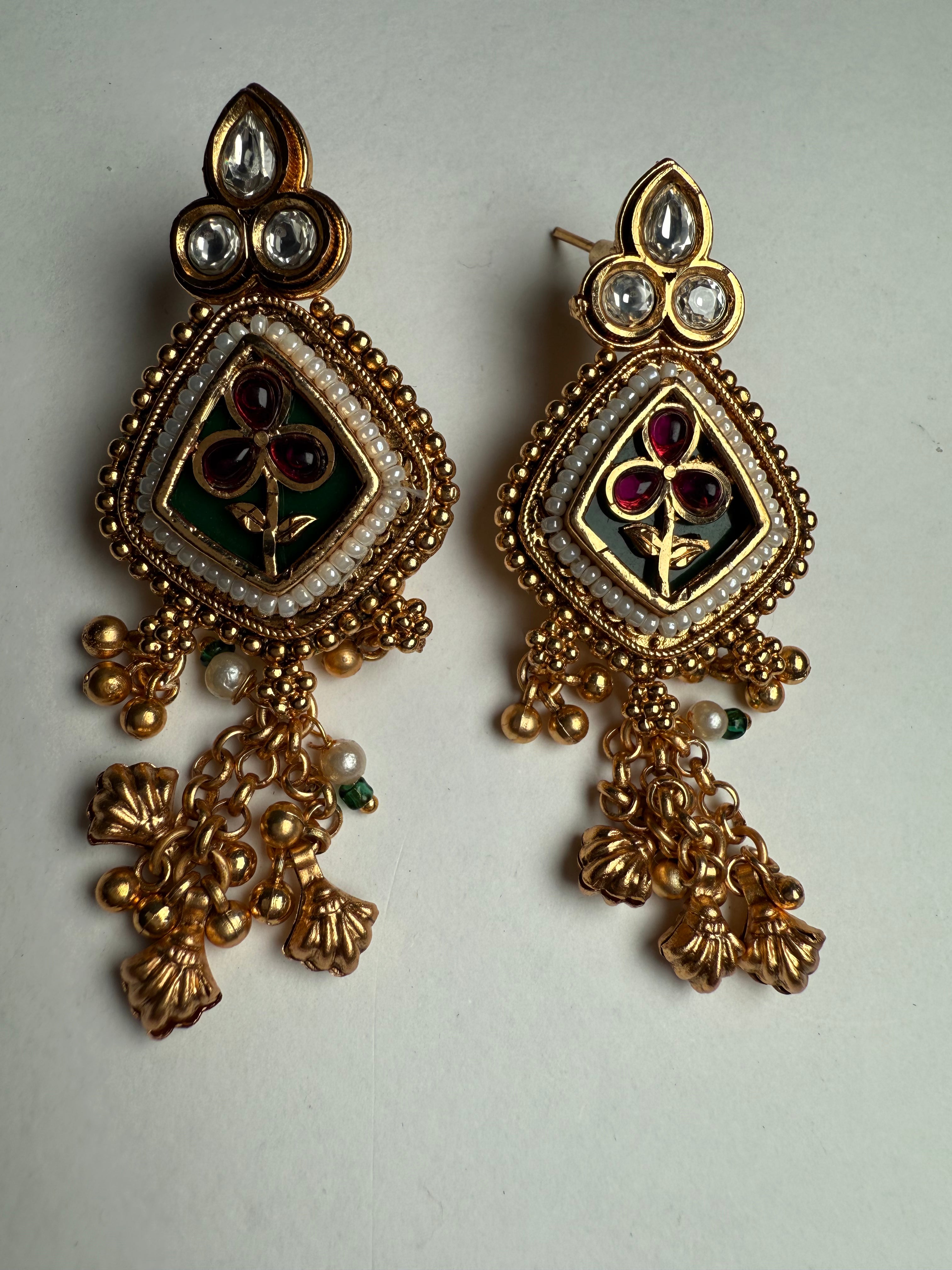 Heritage Gold Plated Kundan Necklace Set | Ruby-Emerald Fusion Carved Jewellery