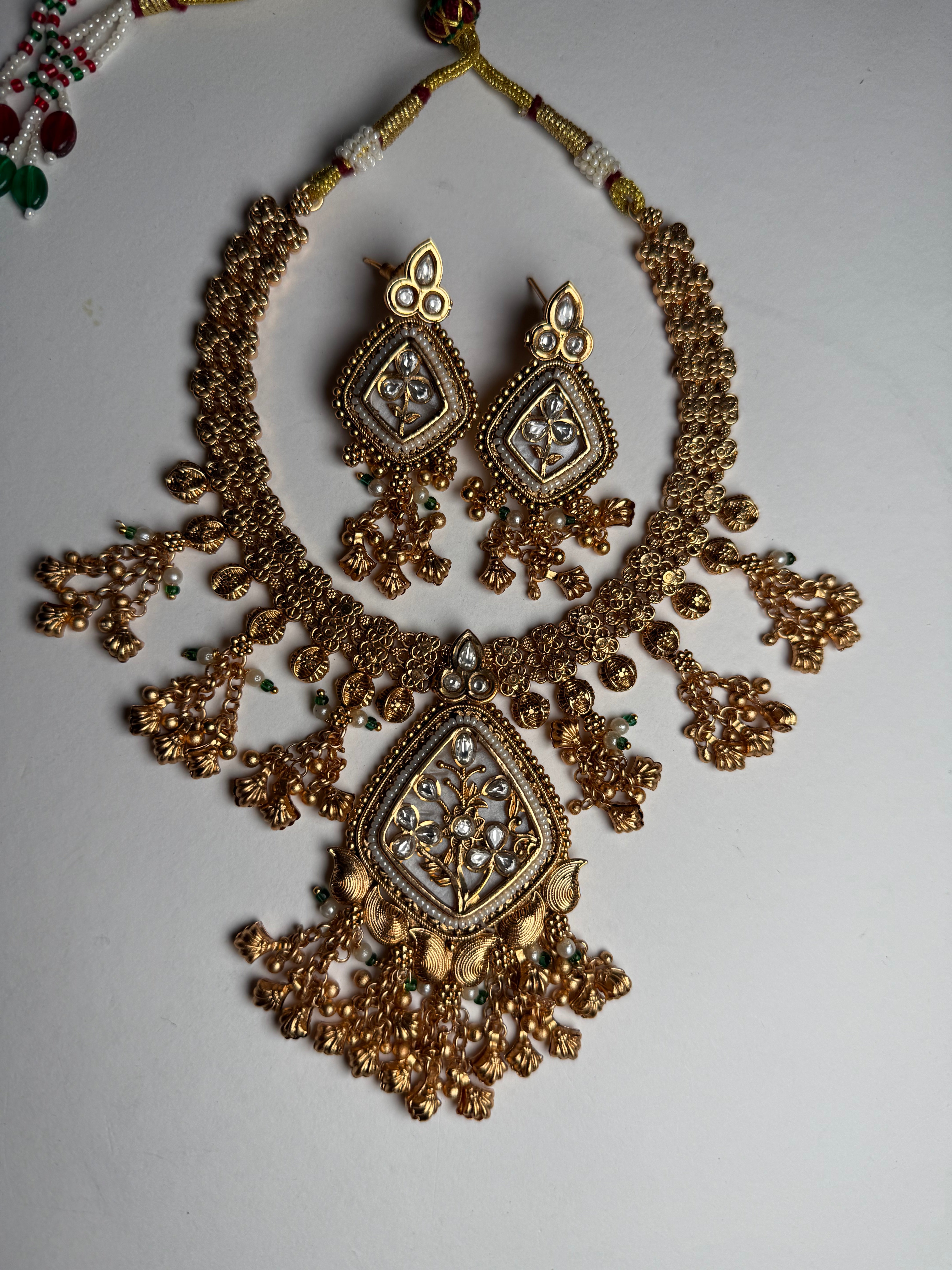 Heritage Gold Plated Kundan Necklace Set | Ruby-Emerald Fusion Carved Jewellery