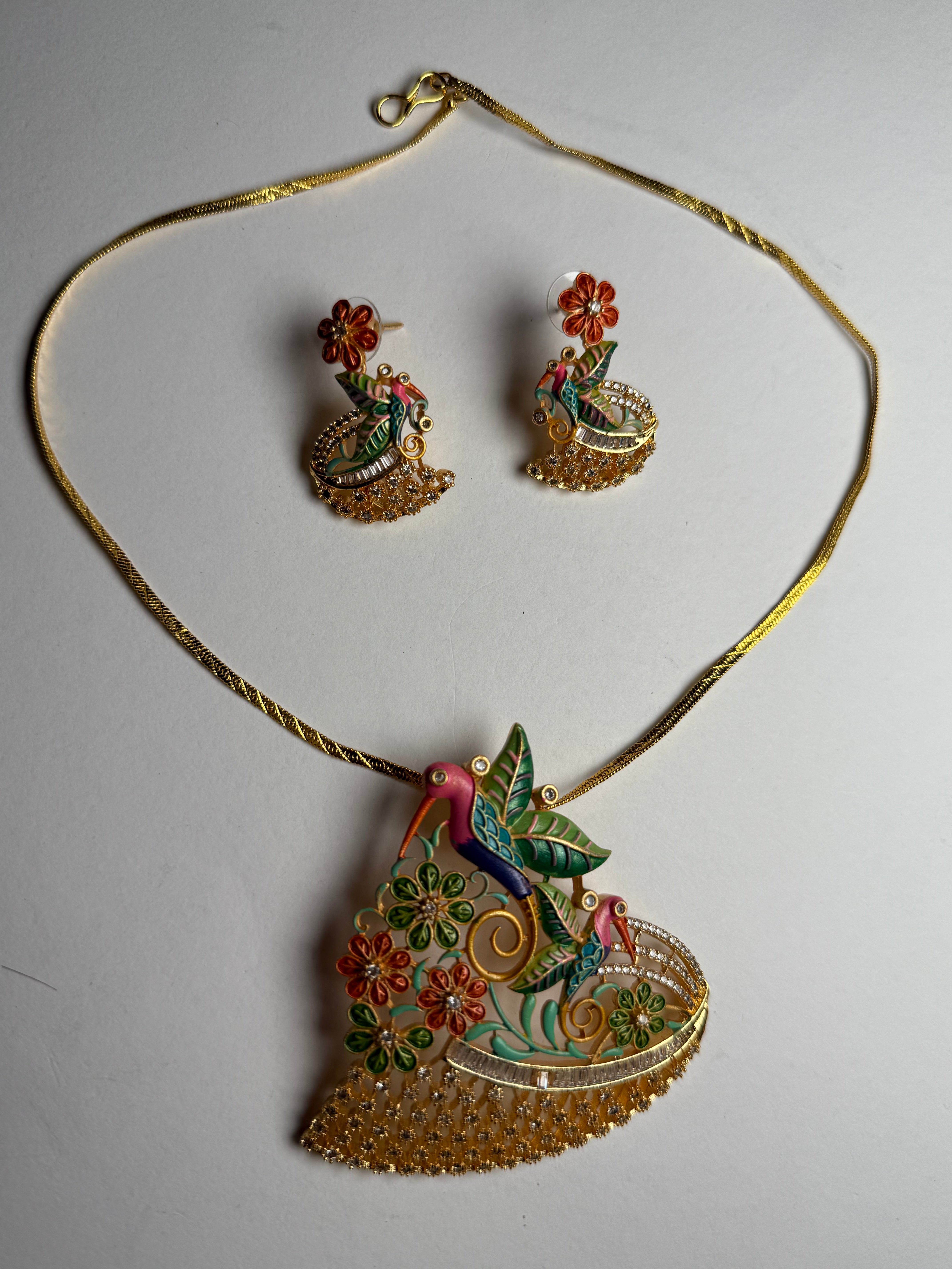 Golden Enamel Bird Bloom Pendant Set | Multicolour Enamel Pendant with AD Stones