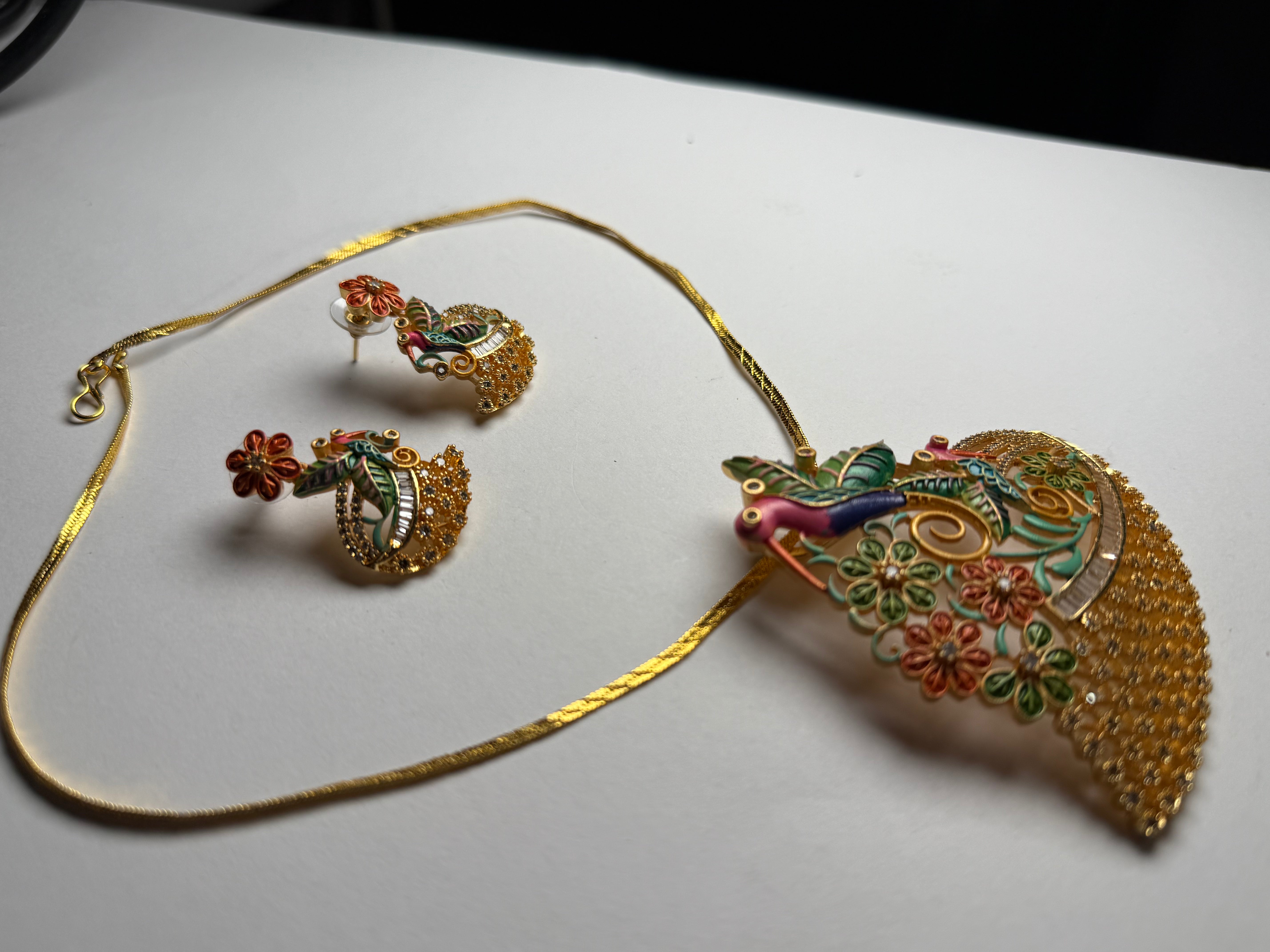 Golden Enamel Bird Bloom Pendant Set | Multicolour Enamel Pendant with AD Stones