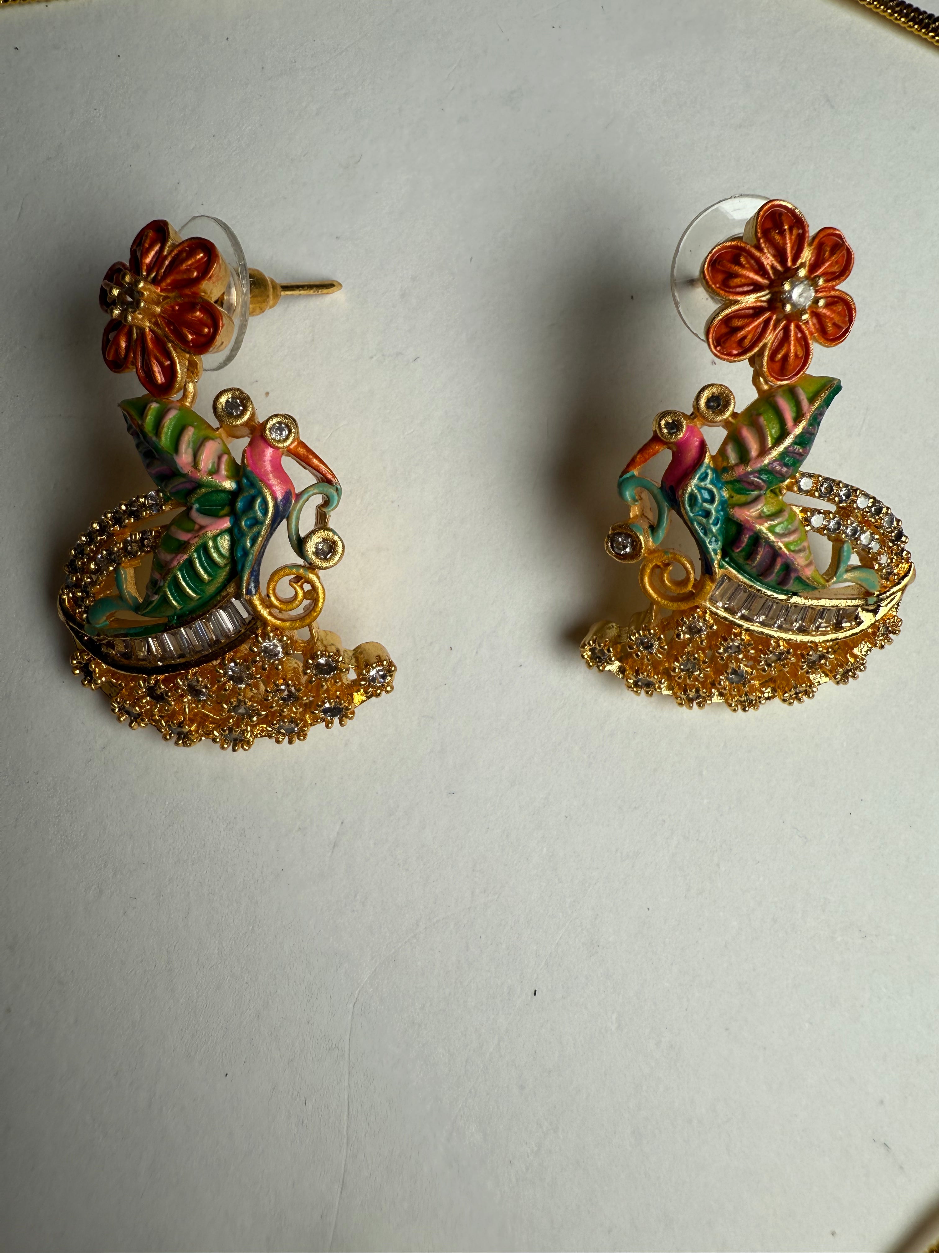 Golden Enamel Bird Bloom Pendant Set | Multicolour Enamel Pendant with AD Stones