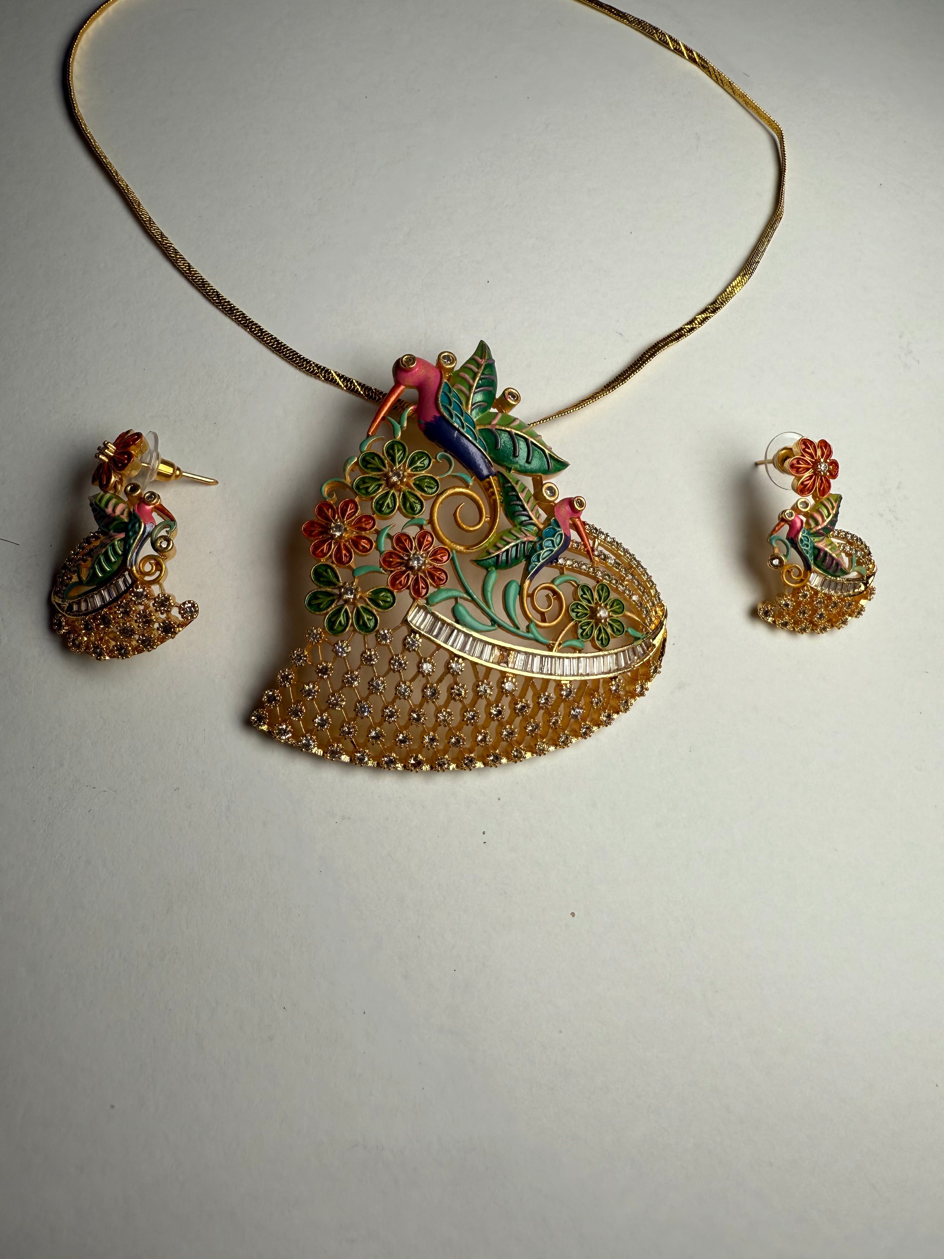 Golden Enamel Bird Bloom Pendant Set | Multicolour Enamel Pendant with AD Stones