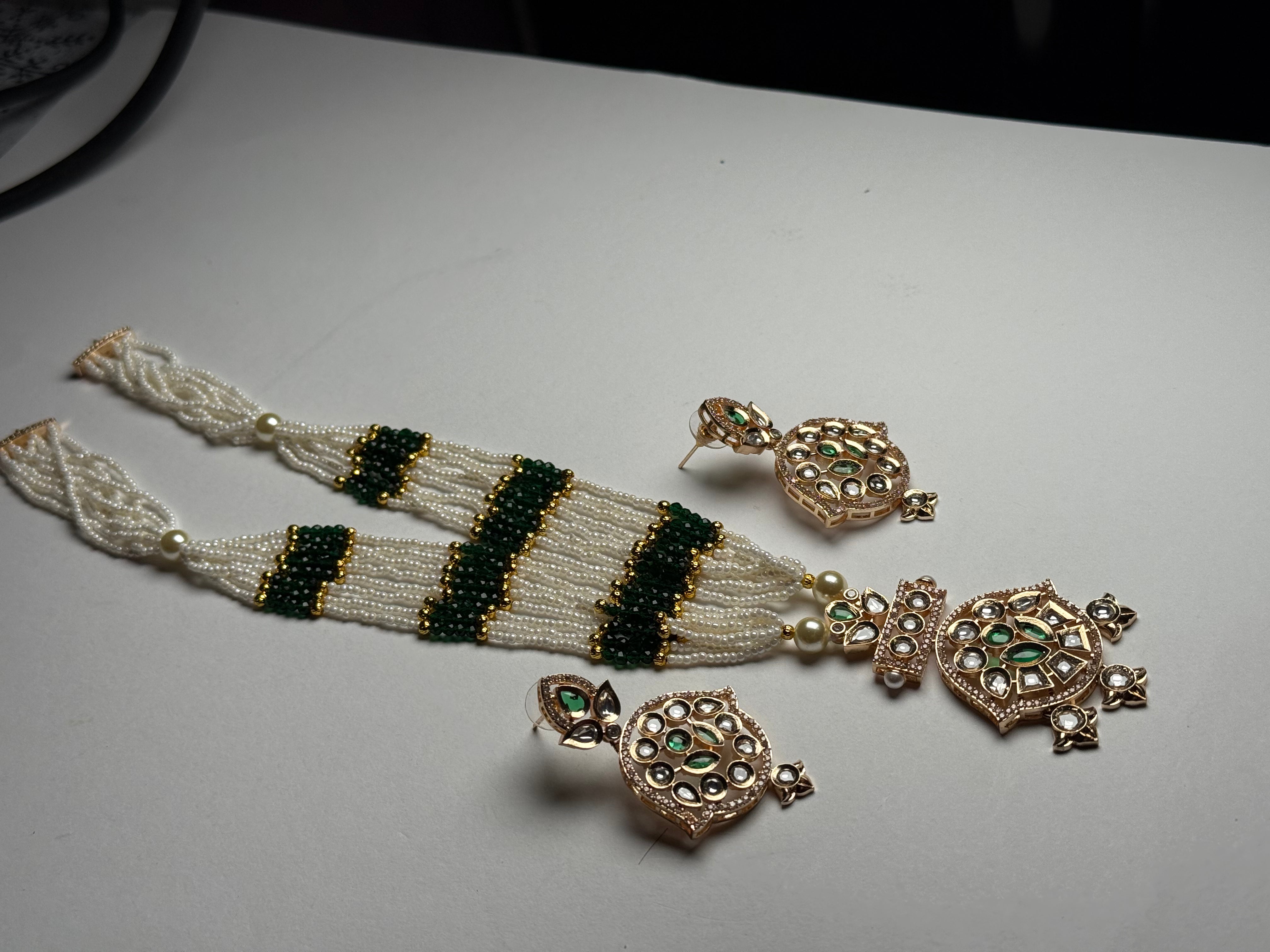 Emerald Noor Polki Long Mala Set with Earrings | Kundan & Pearl Jewellery