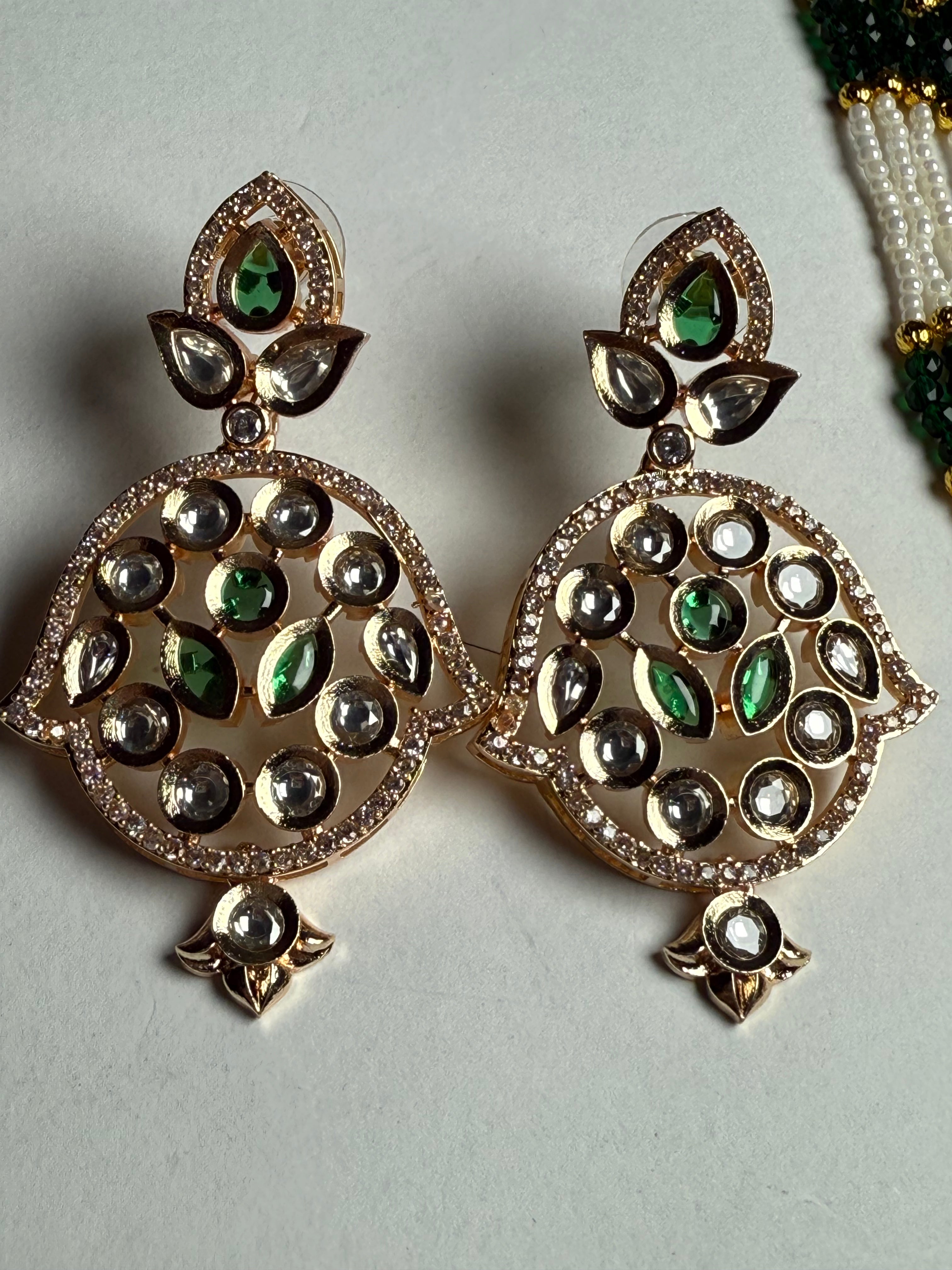 Emerald Noor Polki Long Mala Set with Earrings | Kundan & Pearl Jewellery