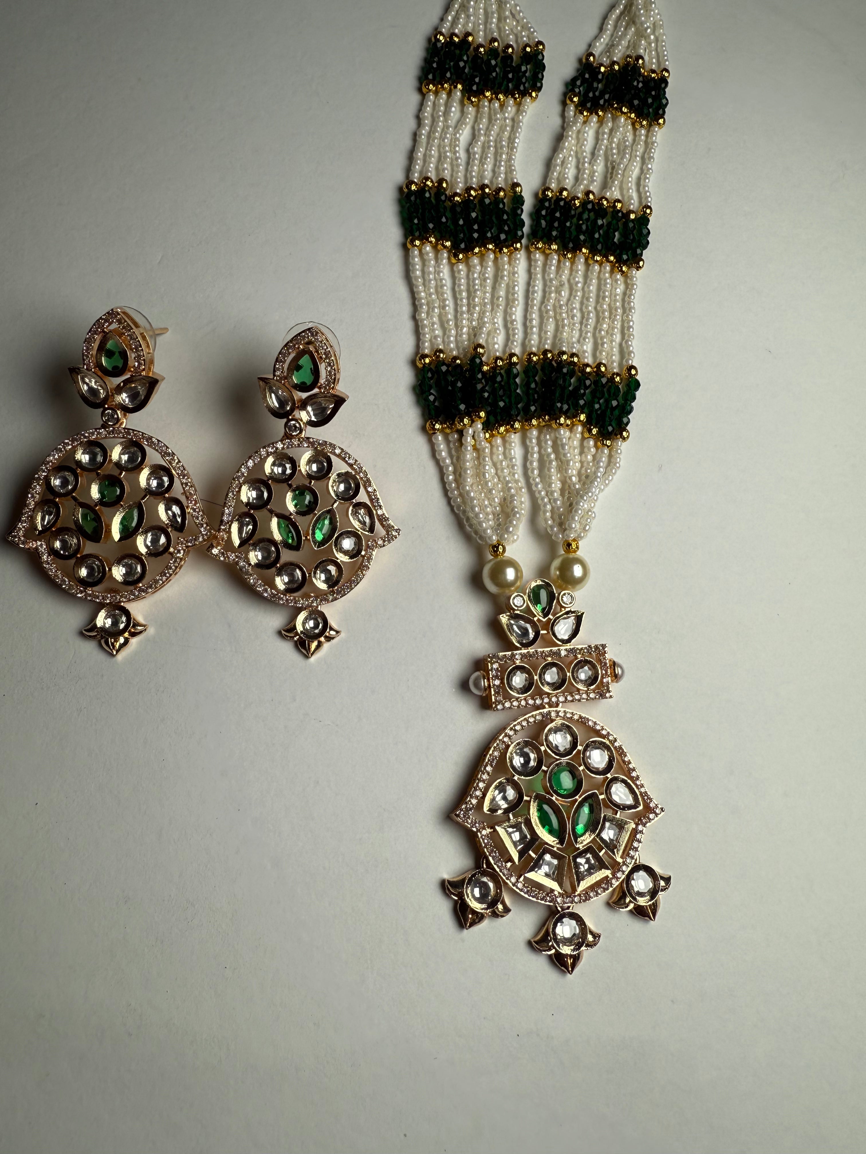 Emerald Noor Polki Long Mala Set with Earrings | Kundan & Pearl Jewellery