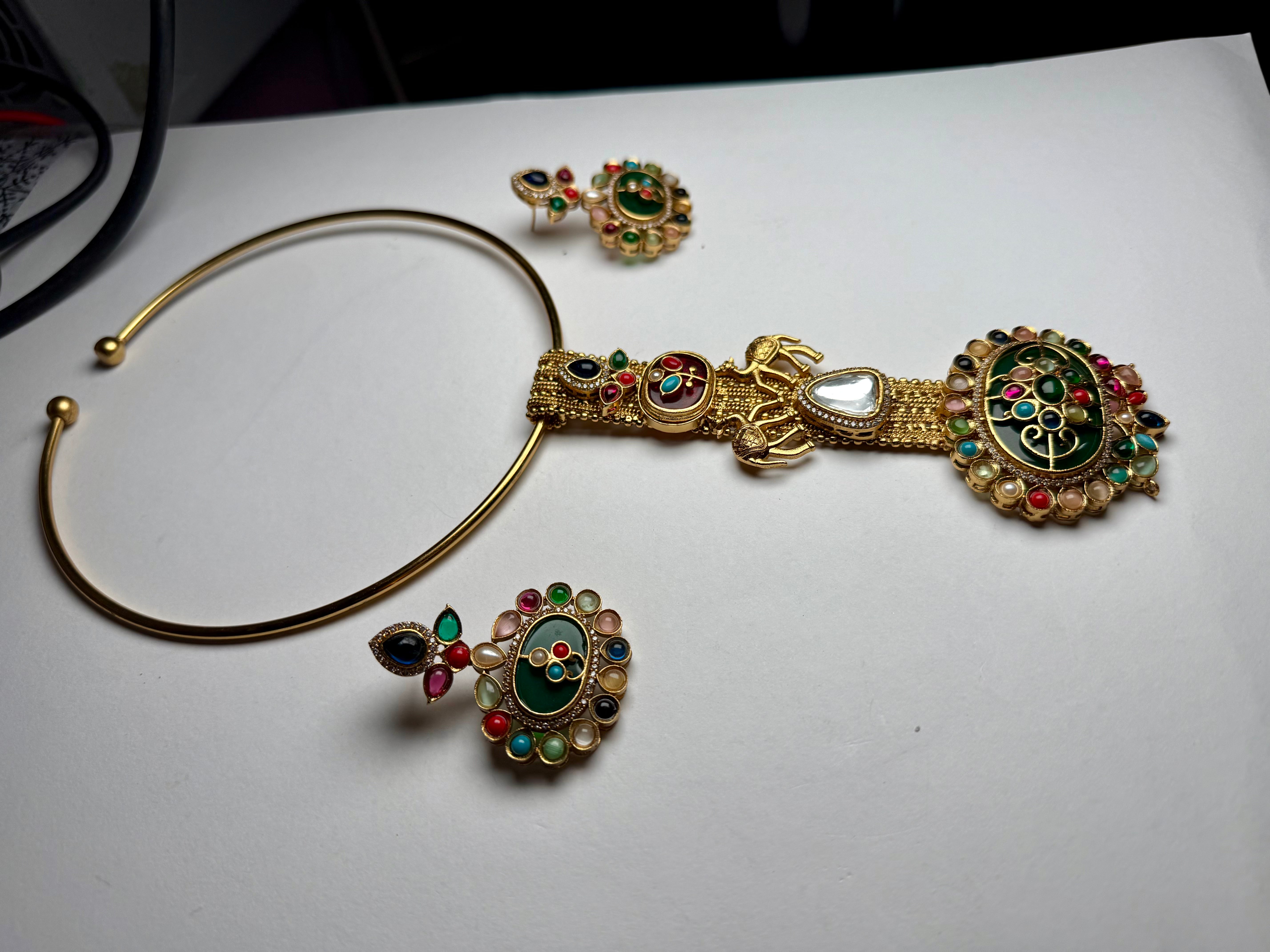 Rajwadi Camel Multistone Kundan Hasli Set | Moissanite & Pota Stone Designer Earrings