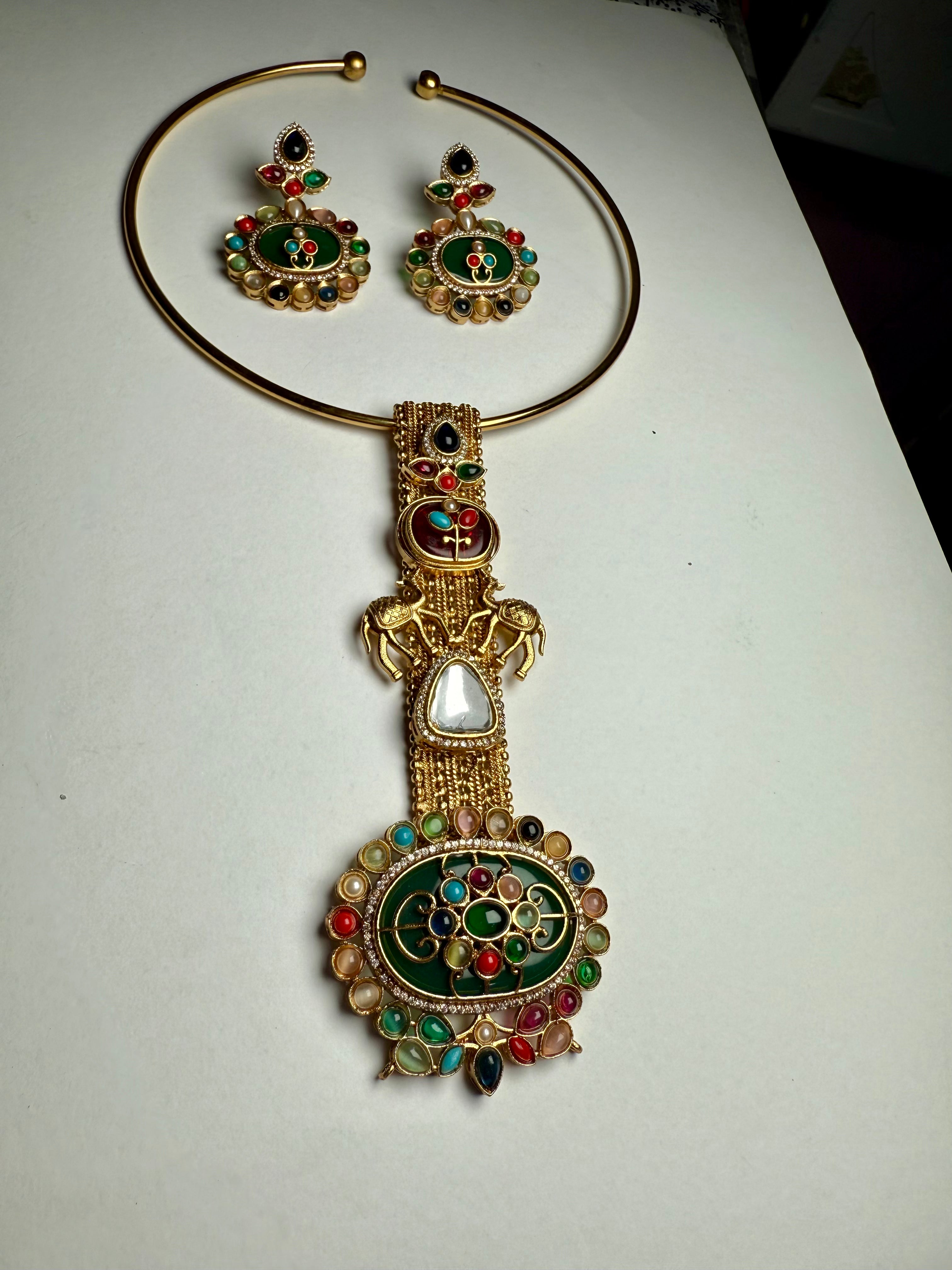 Rajwadi Camel Multistone Kundan Hasli Set | Moissanite & Pota Stone Designer Earrings