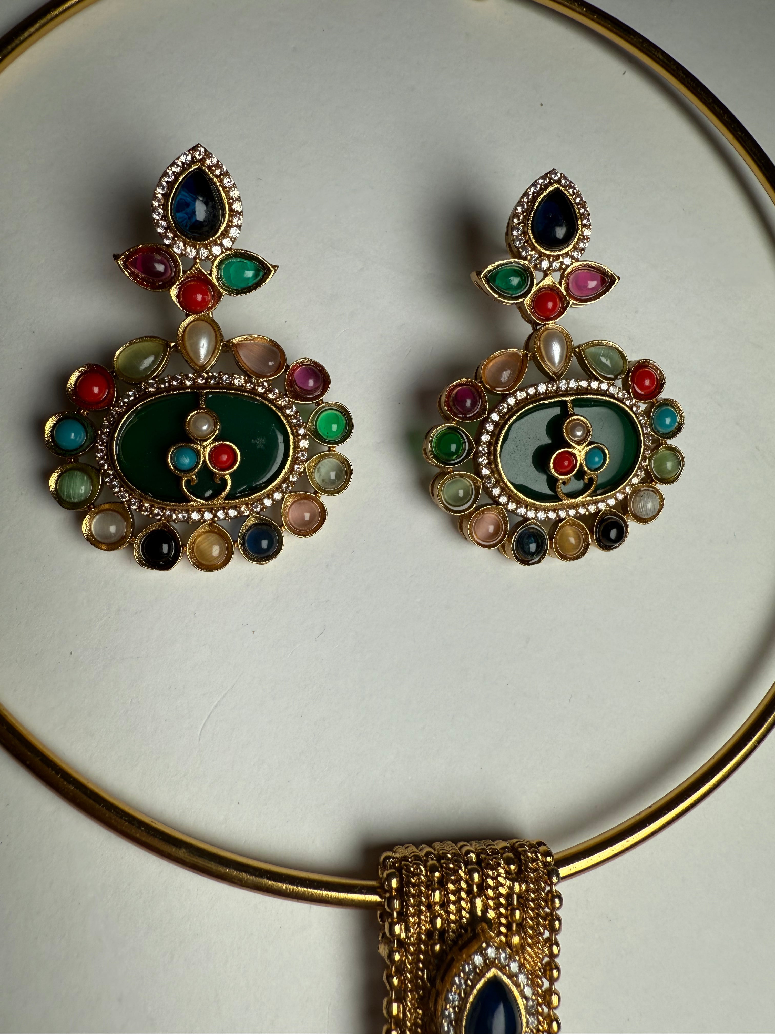 Rajwadi Camel Multistone Kundan Hasli Set | Moissanite & Pota Stone Designer Earrings