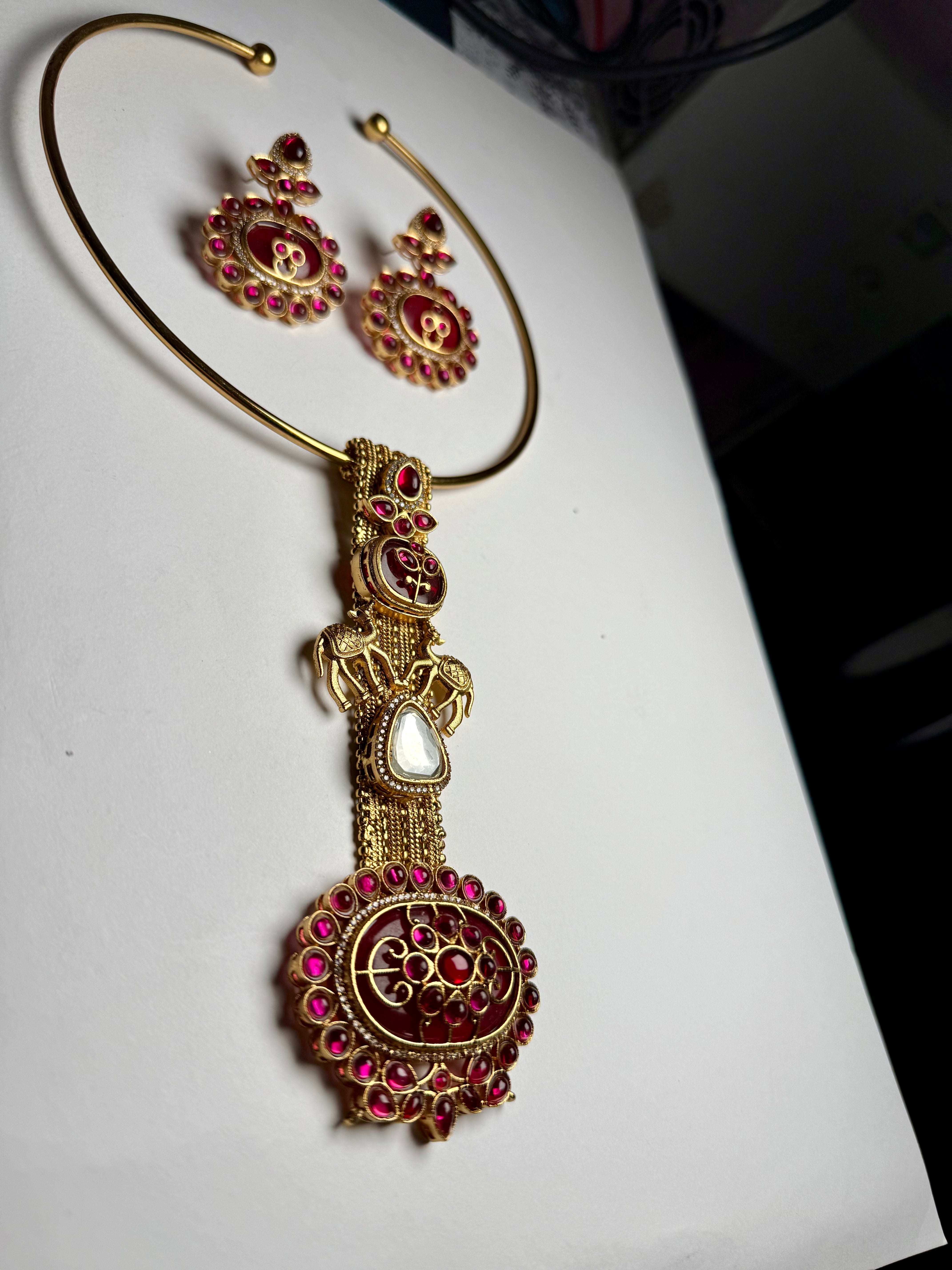 Rajwadi Camel Multistone Kundan Hasli Set | Moissanite & Pota Stone Designer Earrings