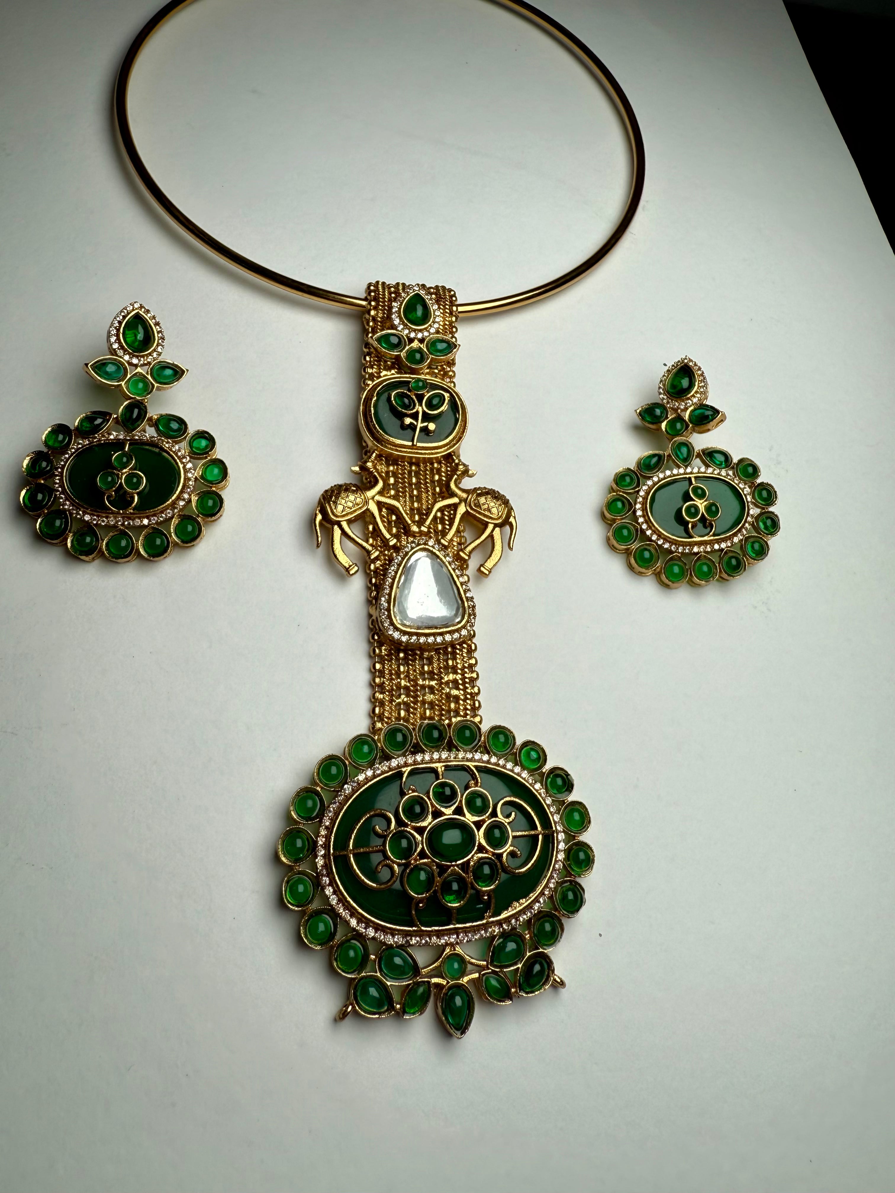 Rajwadi Camel Multistone Kundan Hasli Set | Moissanite & Pota Stone Designer Earrings